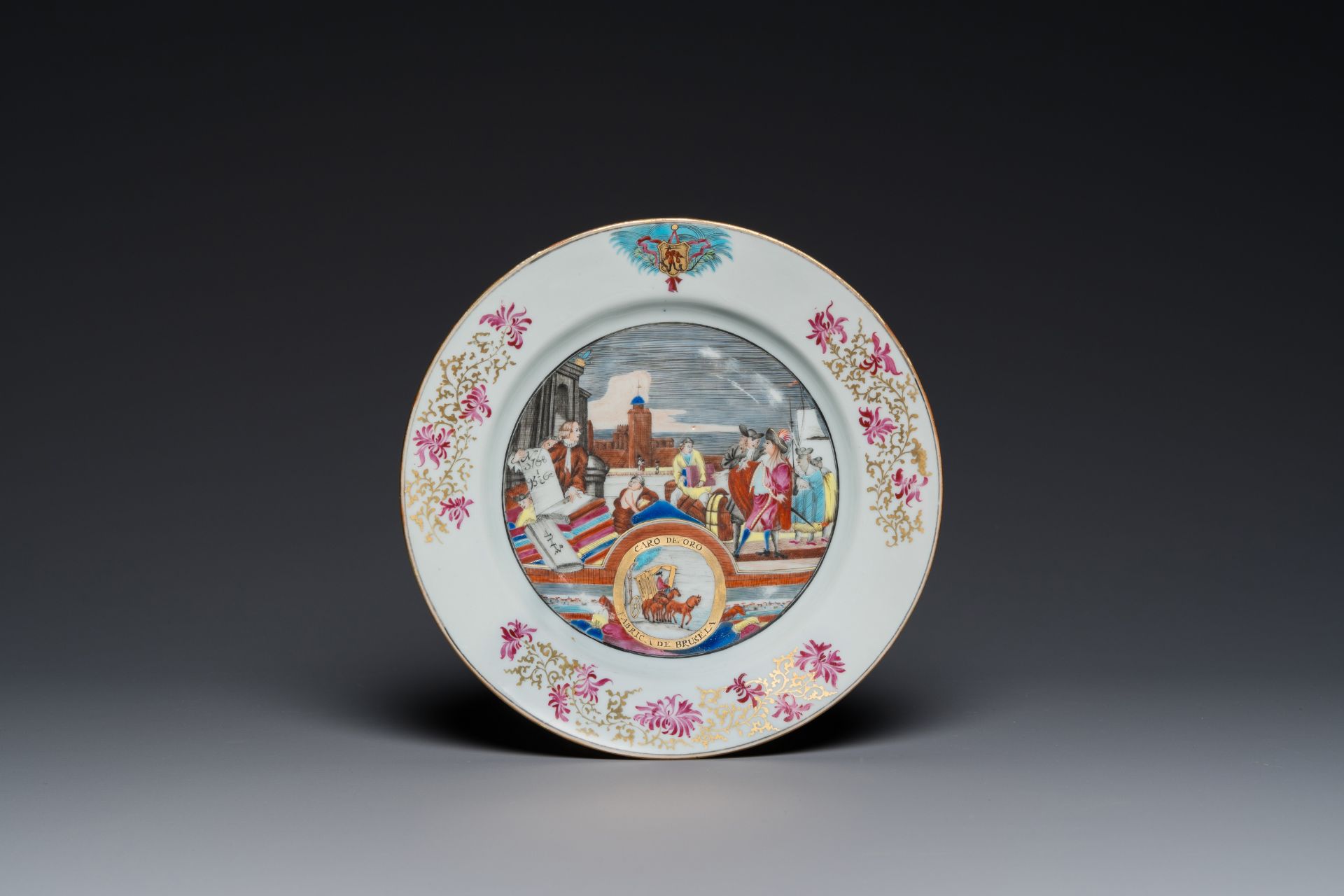 A rare Chinese European-decorated export porcelain 'Clothtraders' plate, Qianlong