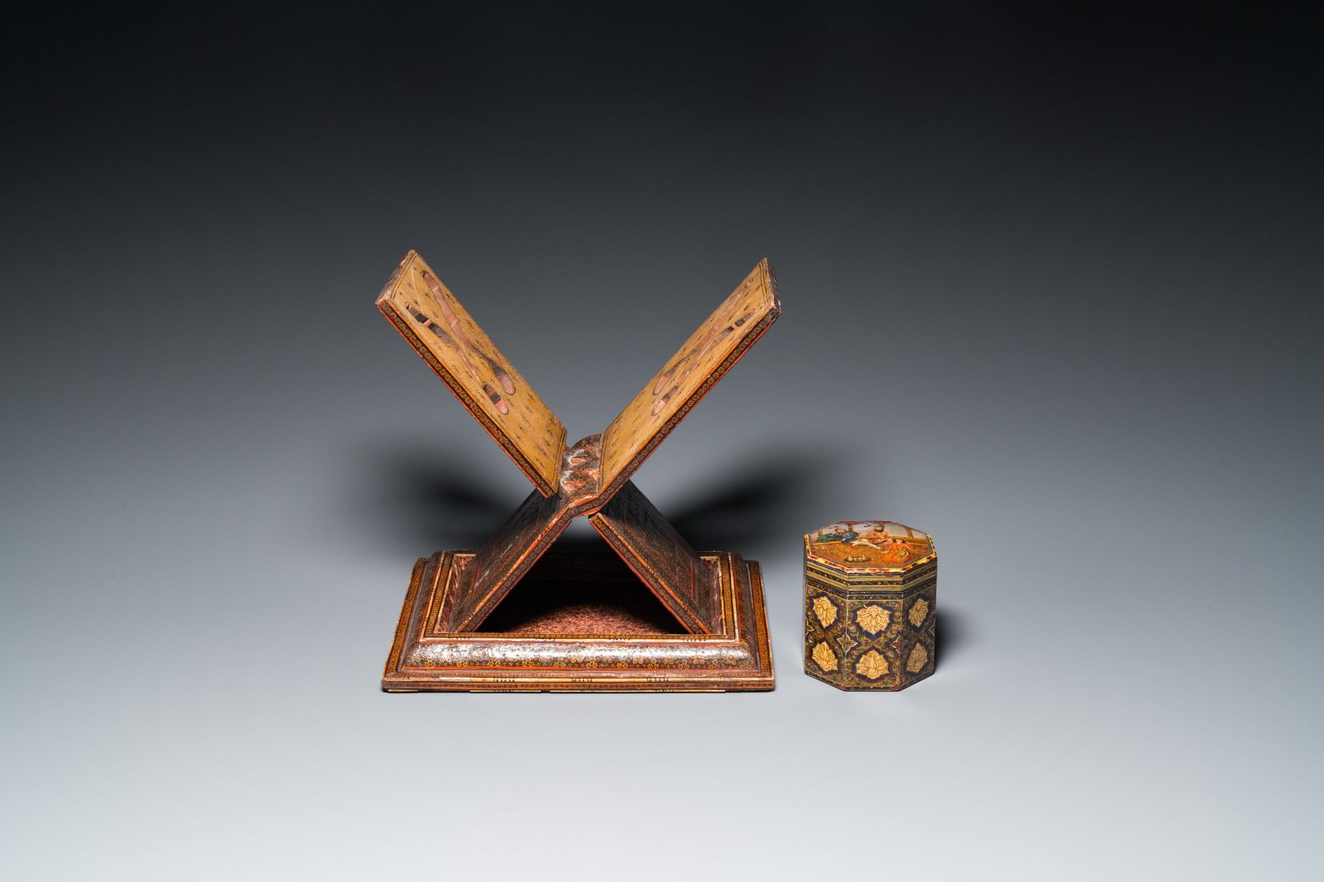 A painted and lacquered wooden Qur'an stand and a box and cover, Qajar, Persia, 19th C. - Image 2 of 16