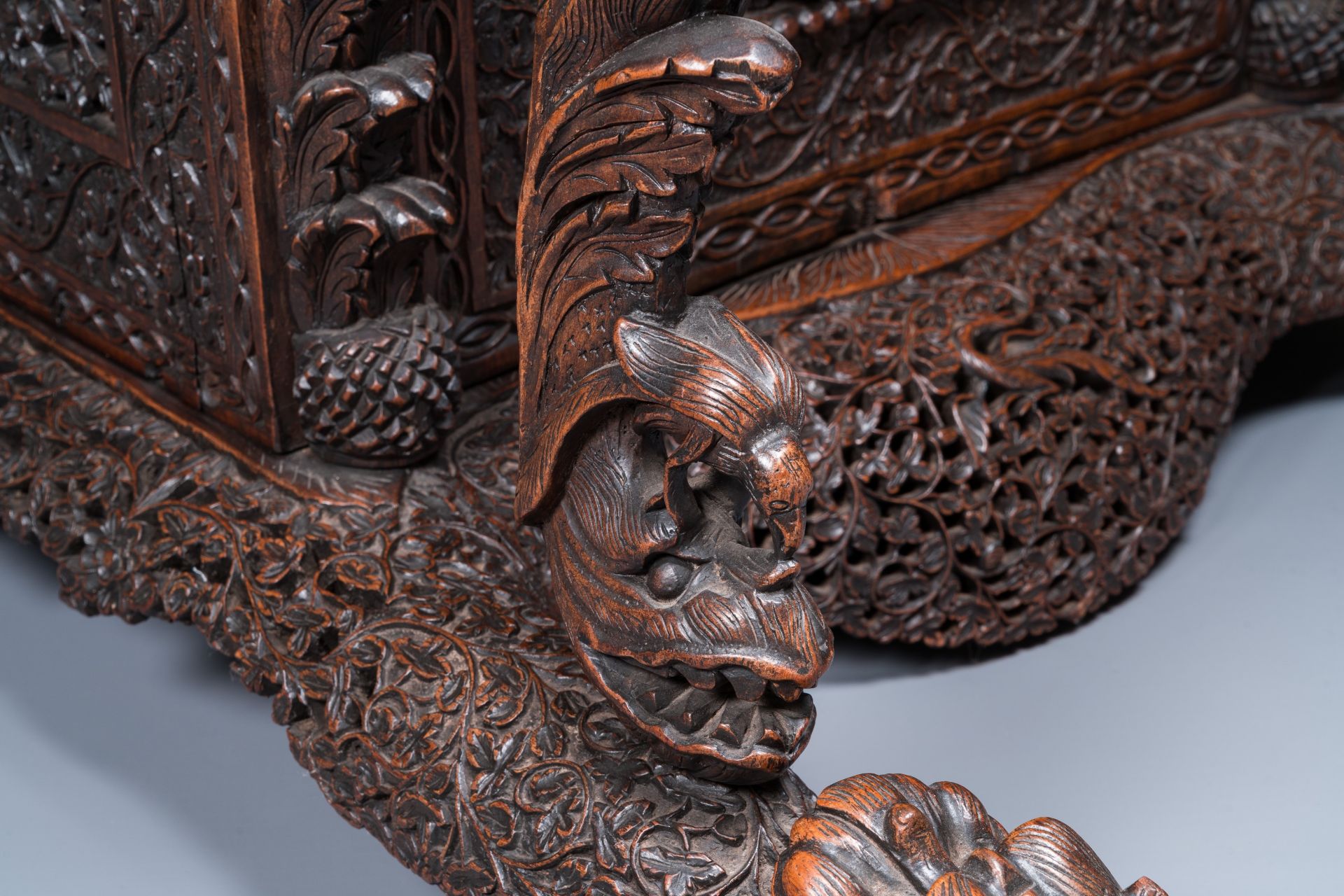 A colonial Anglo-Indian reticulated wooden desk with hidden compartment, 19th C. - Image 10 of 24