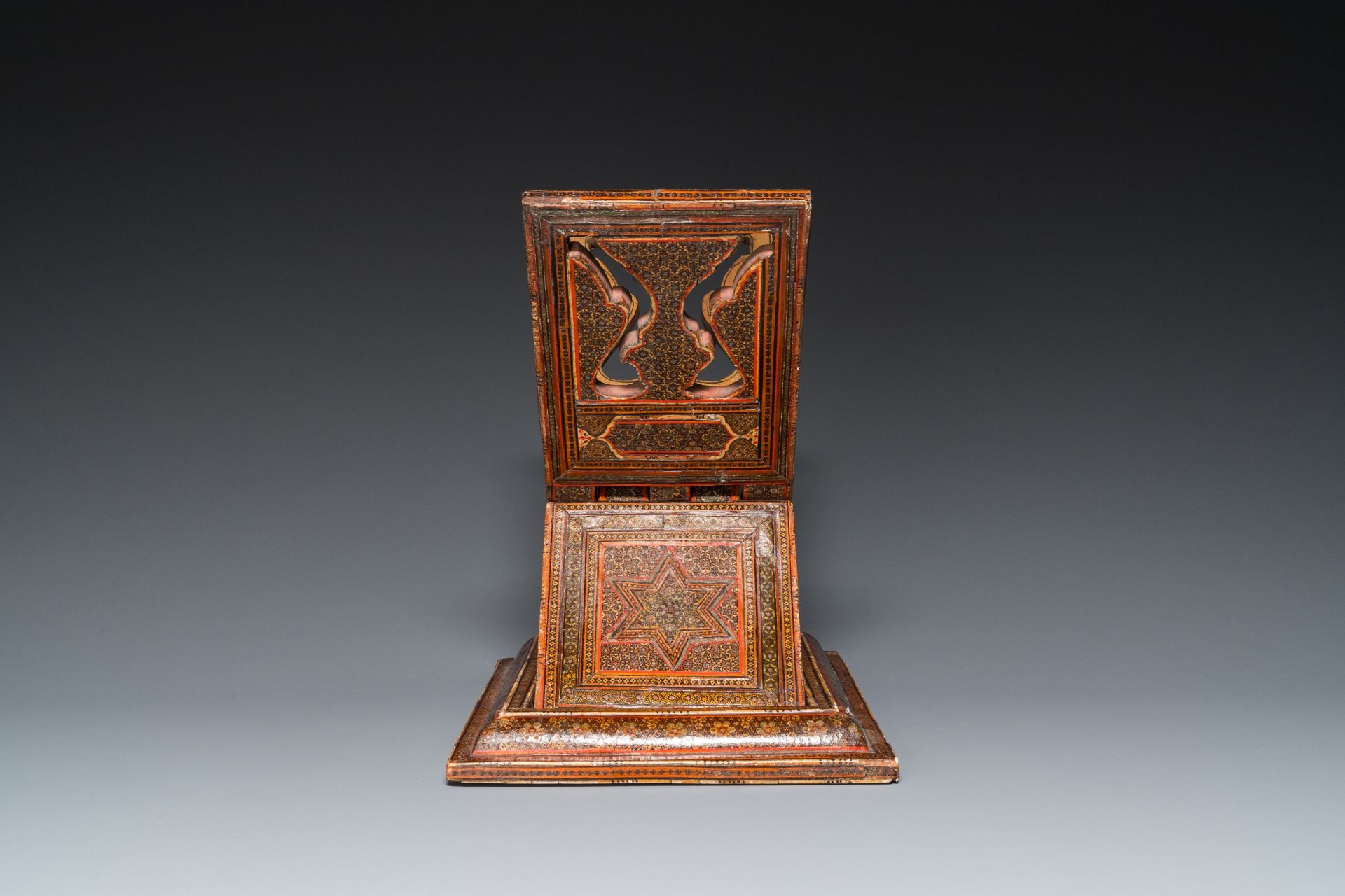 A painted and lacquered wooden Qur'an stand and a box and cover, Qajar, Persia, 19th C. - Image 5 of 16