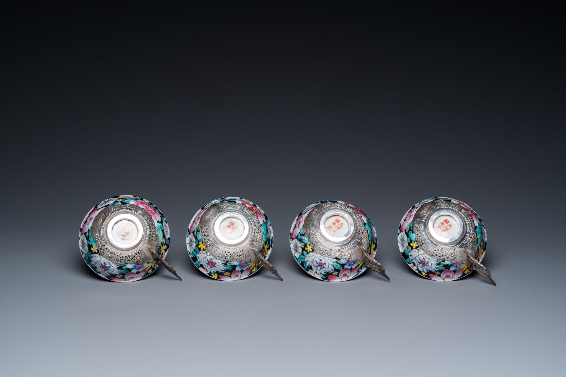 A Chinese eight-piece silver-mounted famille rose millefleurs tea service, Qianlong mark 20th C. - Image 12 of 12