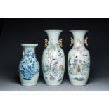 Two Chinese famille rose vases and a blue and white celadon vase, 19/20th C.