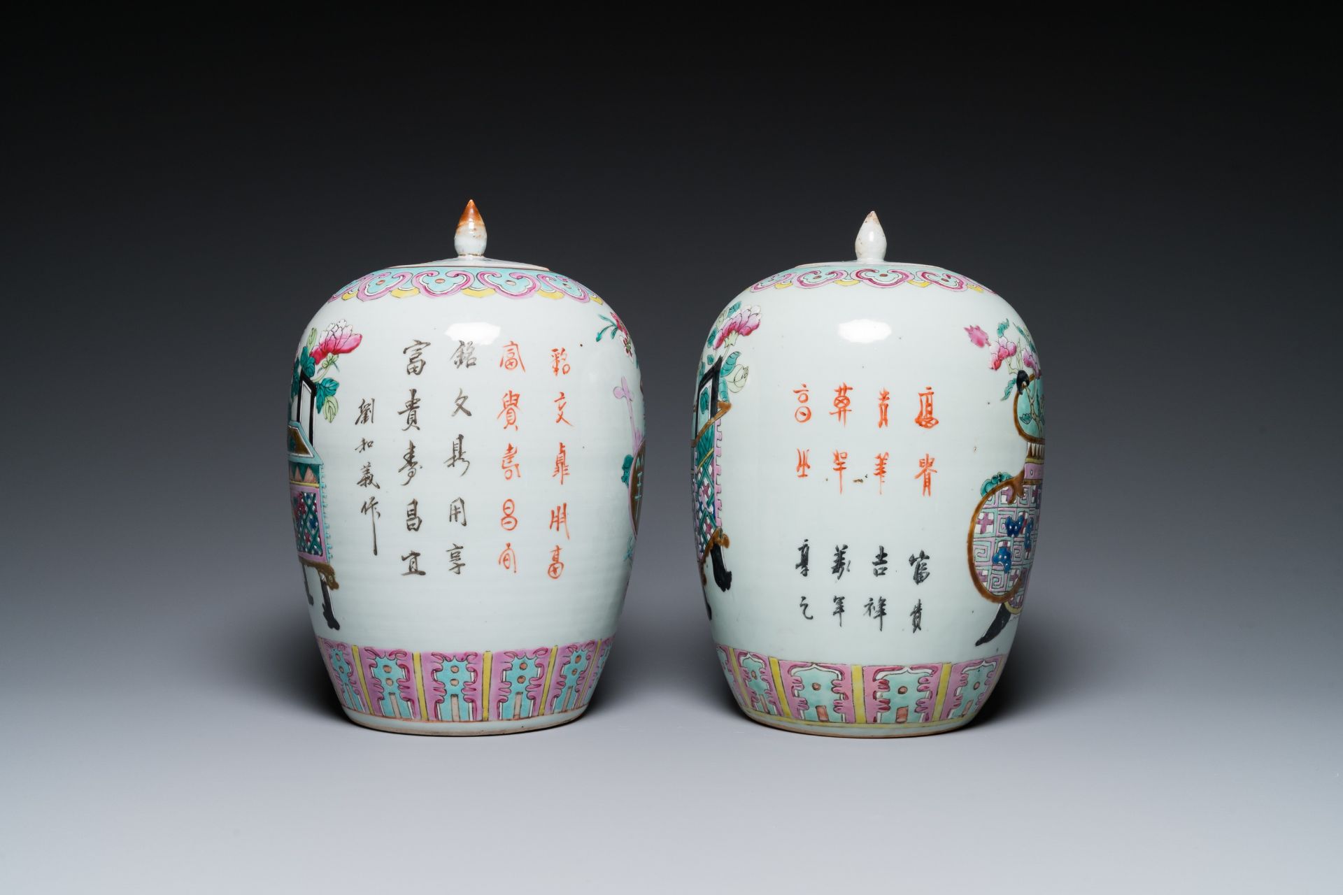 Two Chinese famille rose jars and covers with censers holding flowers, 19th C. - Image 4 of 6