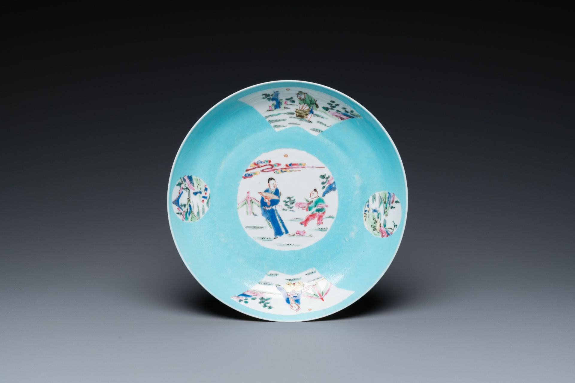 A Chinese turquoise-ground famille rose semi-eggshell plate, Yongzheng mark and of the period