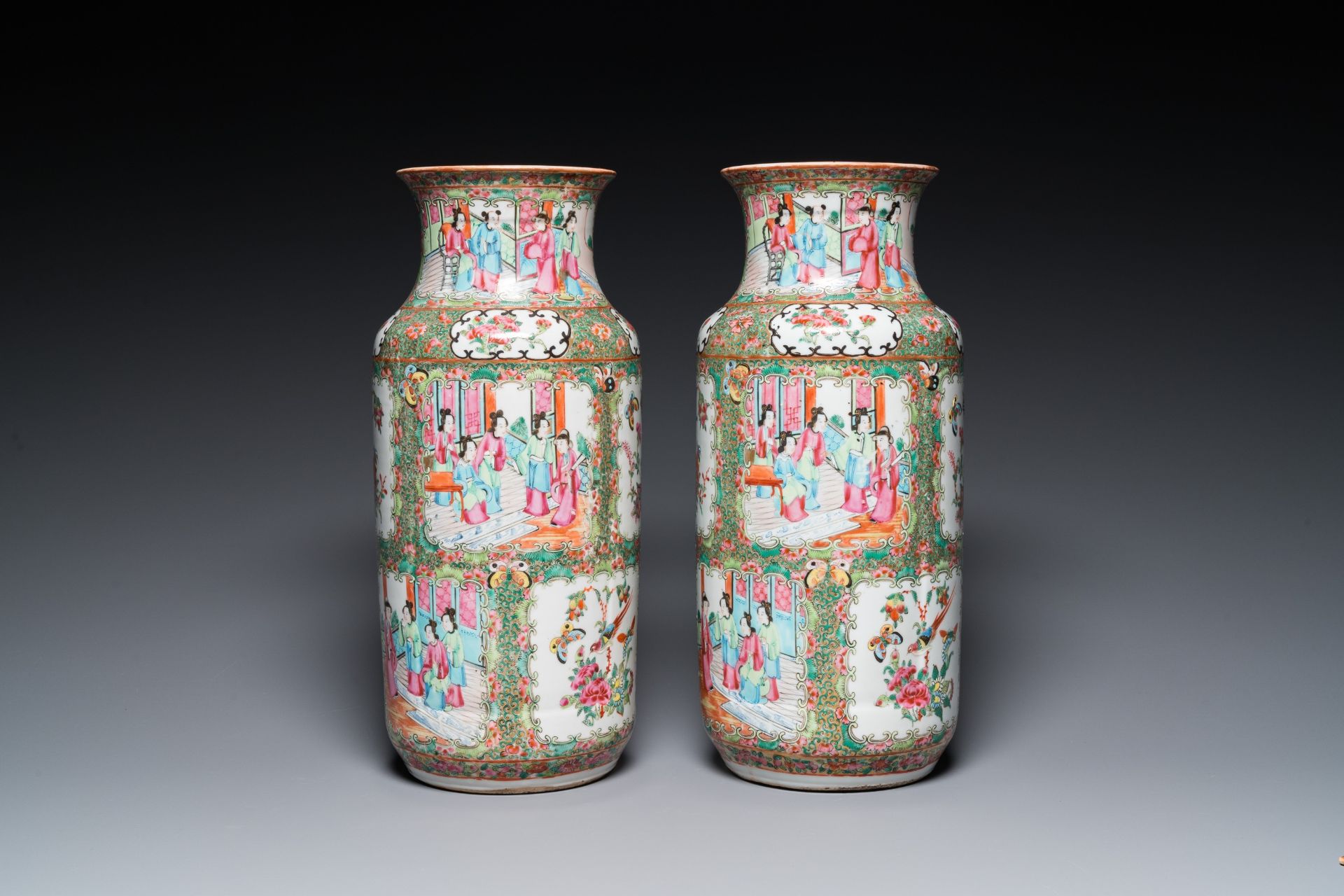 A pair of Chinese Canton famille rose vases and a pair of blue and white covered jars, 19th C. - Image 2 of 13