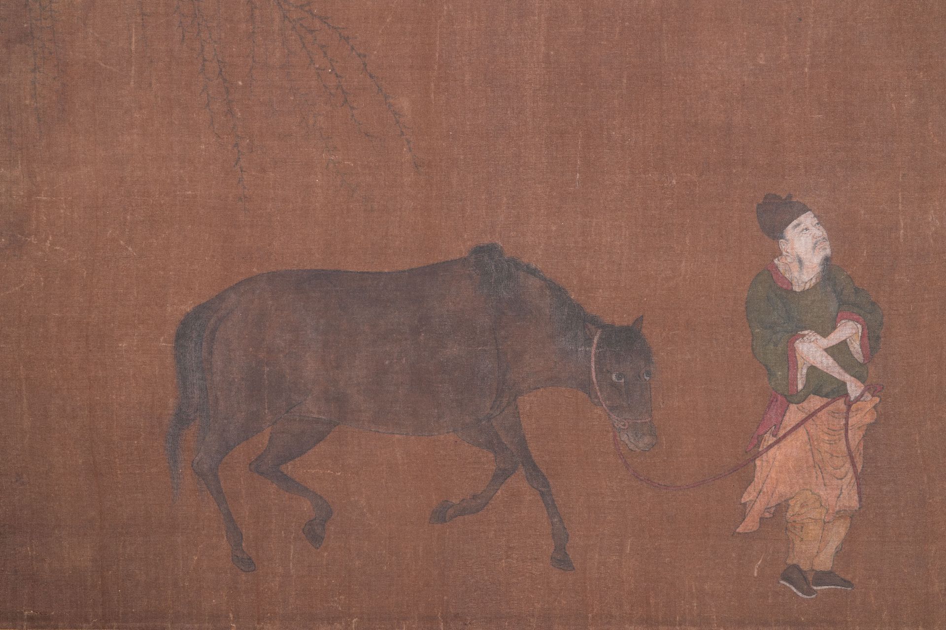 Bo Yuan ä¼¯é : 'A groom leads a horse', ink and colour on silk, probably Ming - Image 4 of 6