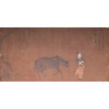 Bo Yuan ä¼¯é : 'A groom leads a horse', ink and colour on silk, probably Ming