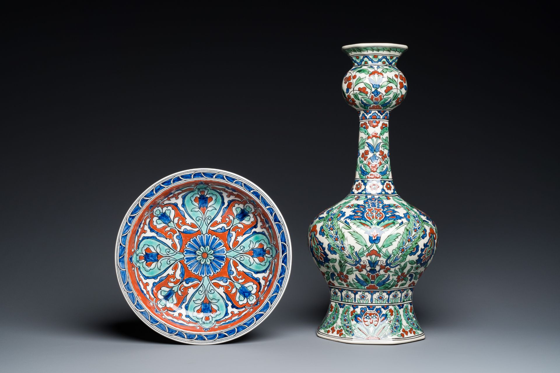 A large Iznik-style vase and a dish, Boch Freres Keramis and Nimy, 1st half 20th C.