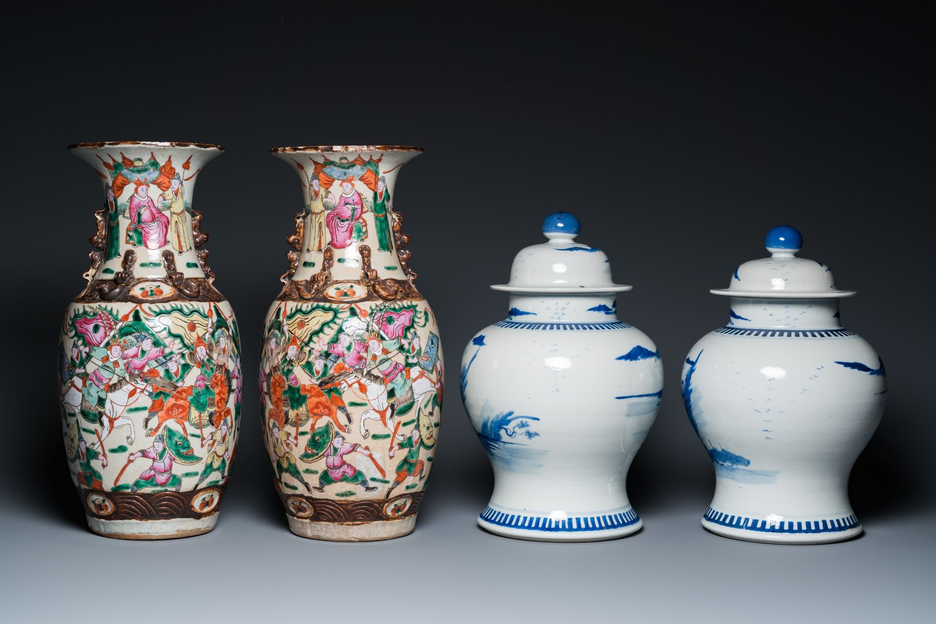 A pair of Chinese blue and white covered vases and a pair of Nanking famille rose vases, 19th C. - Image 4 of 9