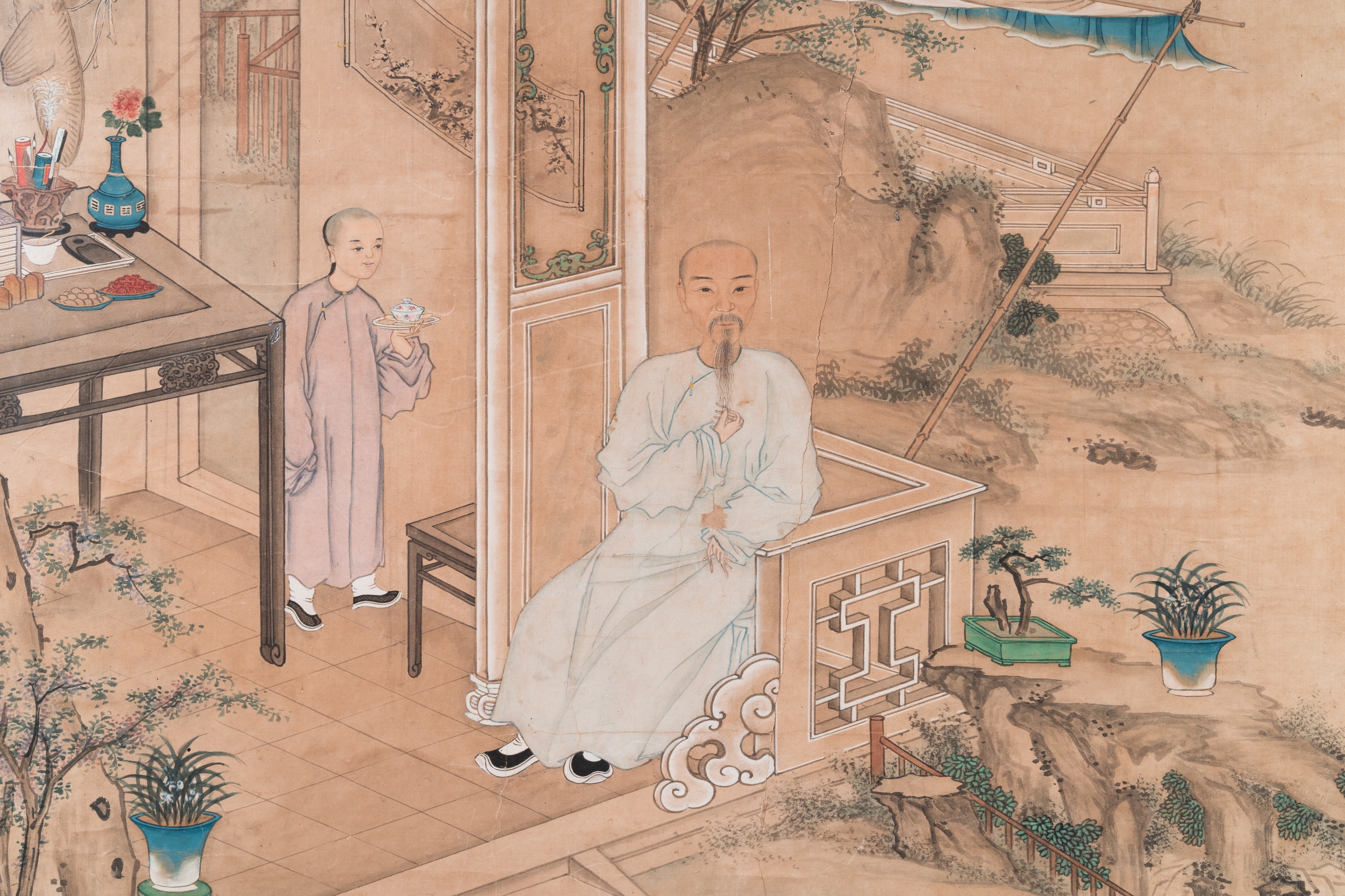 Chinese school: 'A scholar and his servant on a terrace', ink and colour on paper, 18/19th C. - Image 3 of 5