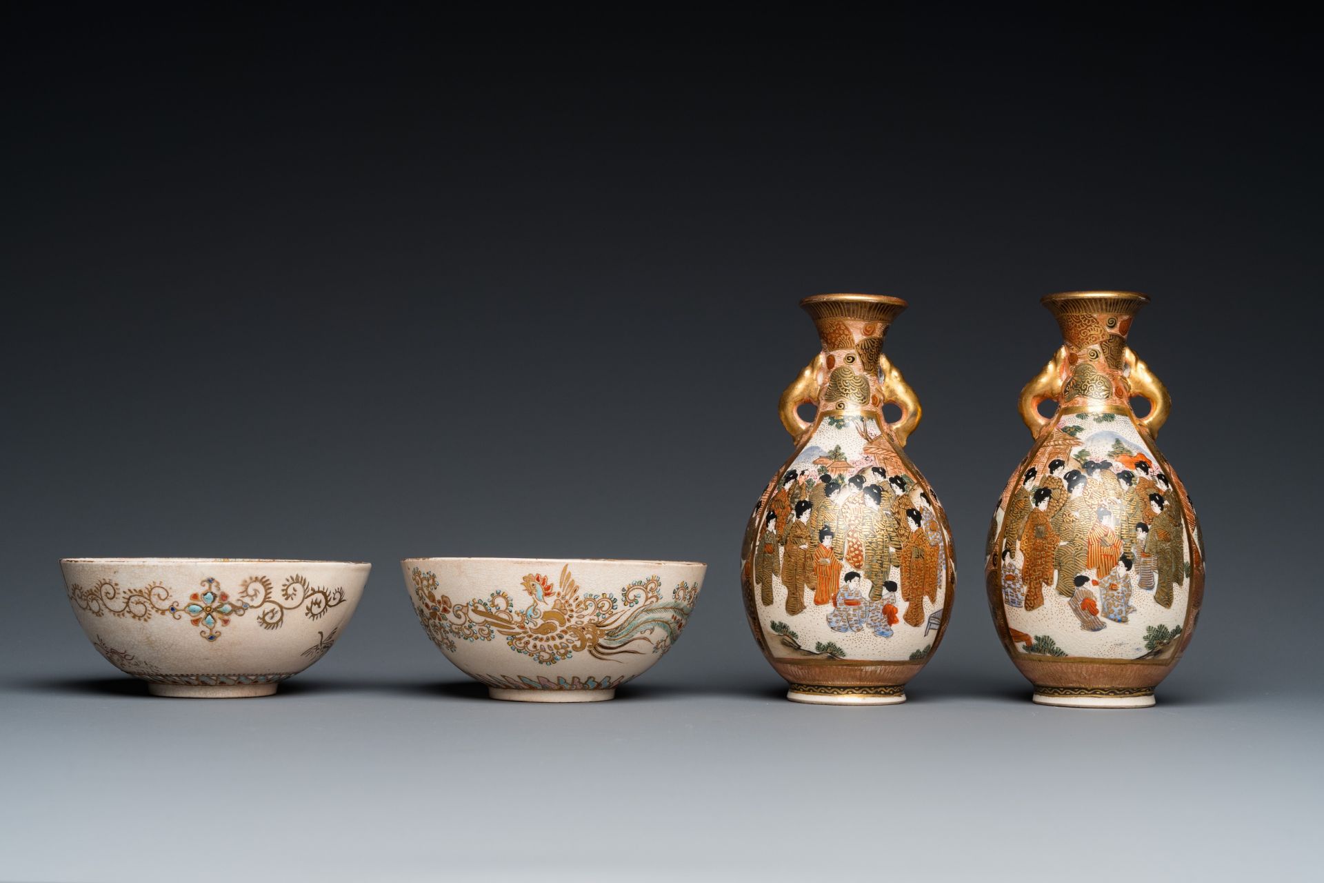 A pair of Japanese Satsuma bowls and a pair of vases, Meiji, 19th C. - Image 2 of 7