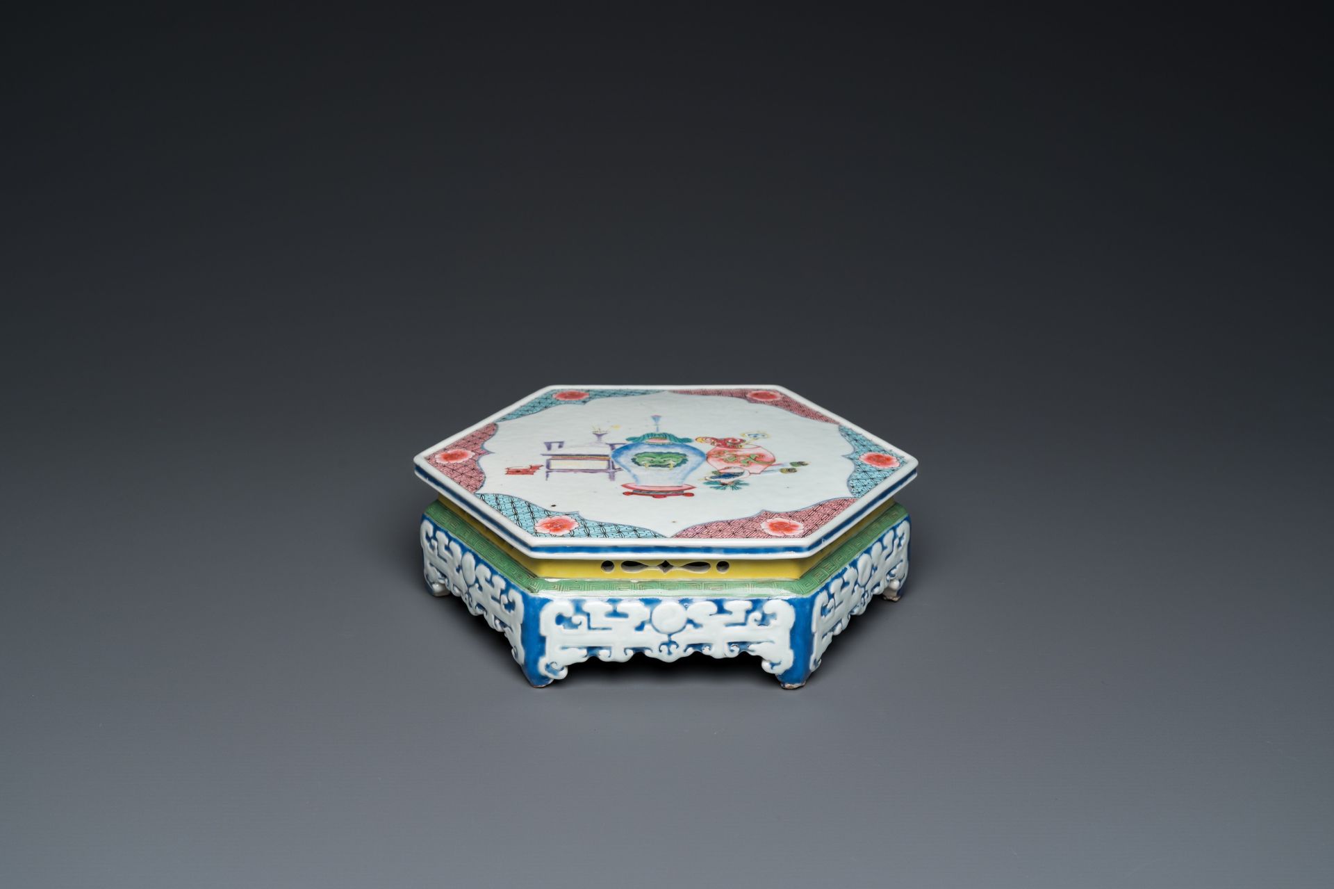 A rare Chinese famille rose hexagonal 'antiquities' stand, Yongzheng - Image 3 of 9