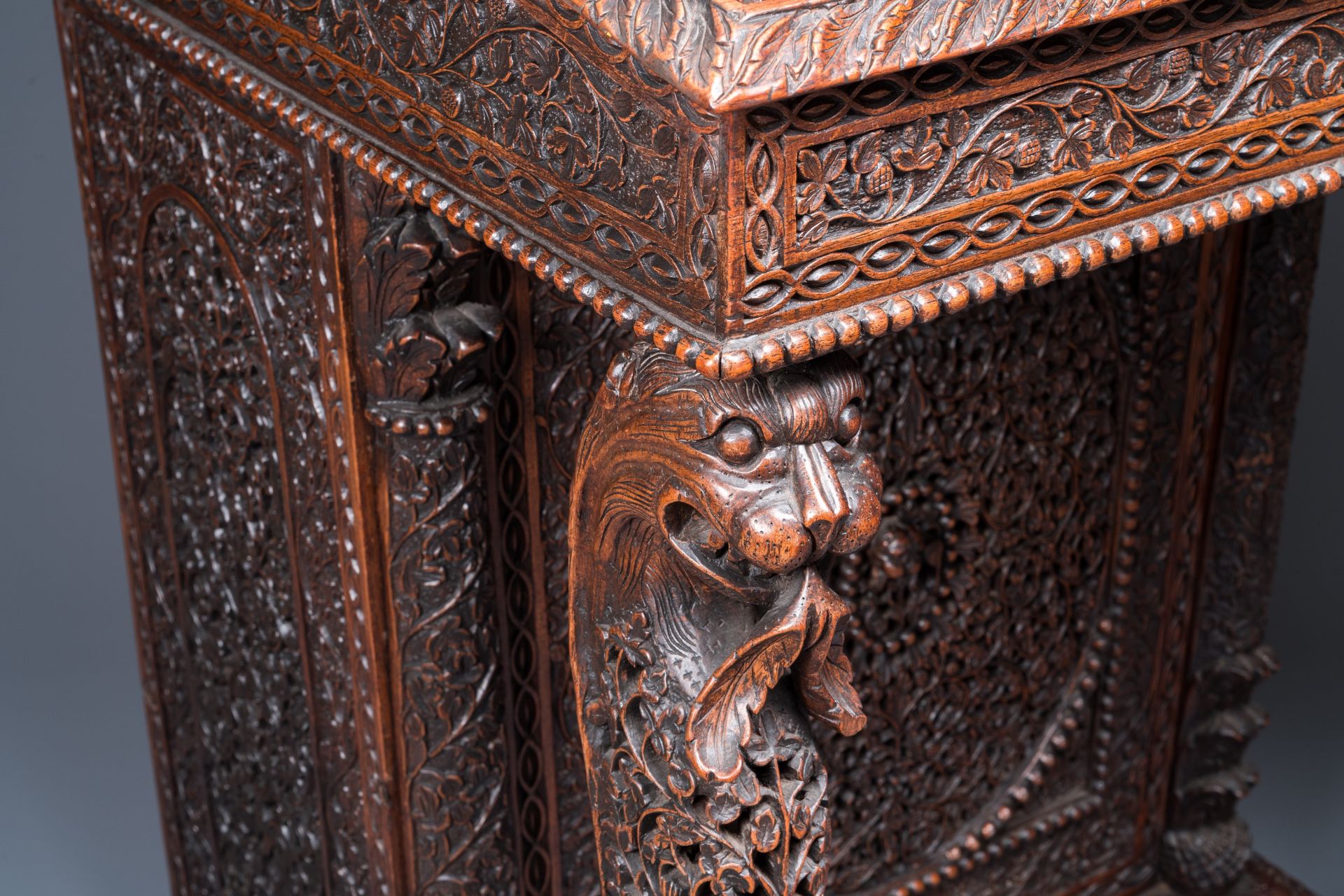 A colonial Anglo-Indian reticulated wooden desk with hidden compartment, 19th C. - Image 9 of 24