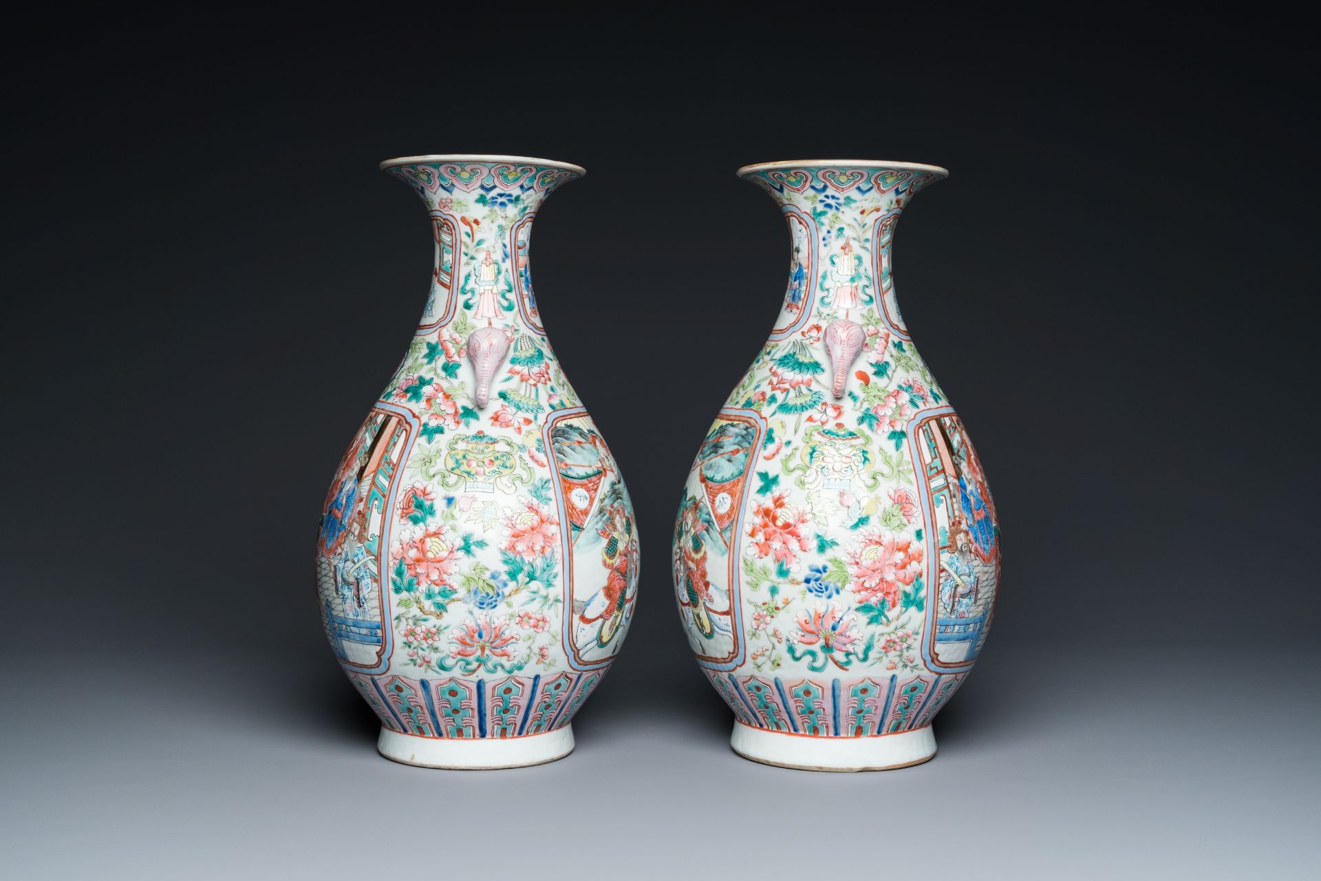 A pair of Chinese famille rose vases with elephant handles, 19th C. - Image 2 of 6