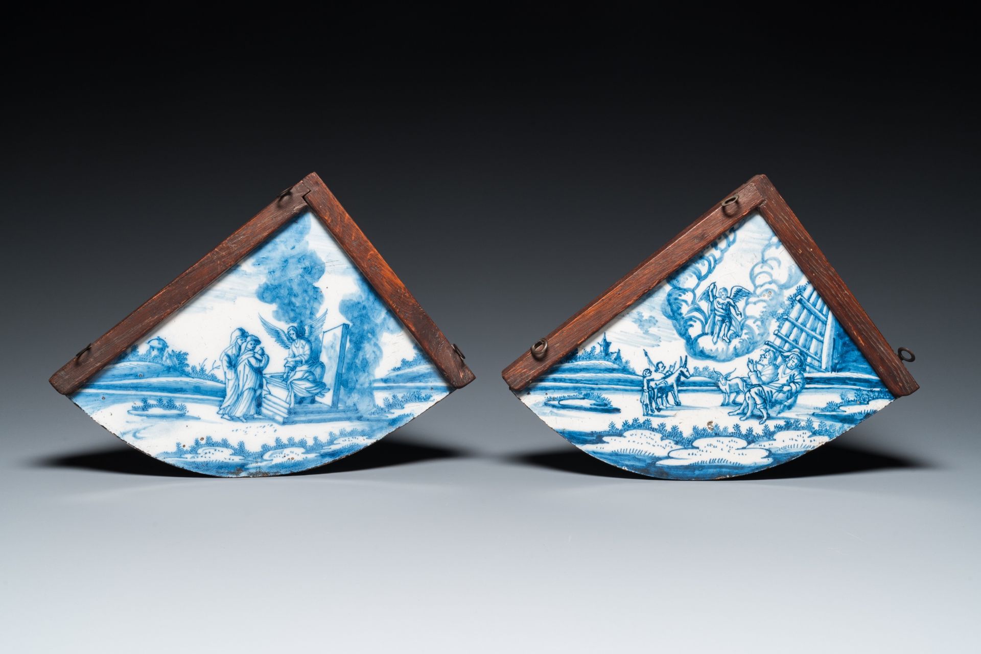 A pair of rare Dutch Delfware blue and white corner or quadrant tiles with biblical scenes, Amsterda - Image 2 of 8