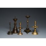 Five brass and bronze candlesticks, 16th C. and later