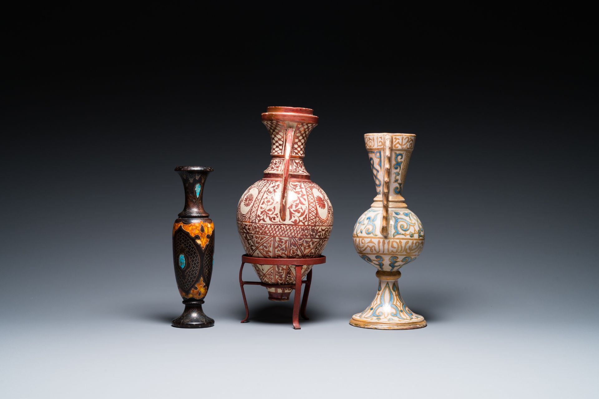 Two Hispano-Moresque lustre-glazed 'Alhambra' vases and a stone-inlaid wooden vase, Spain and Northe - Image 2 of 6