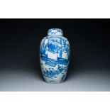 A large Chinese blue and white 'narrative subject' jar and cover, 19th C.