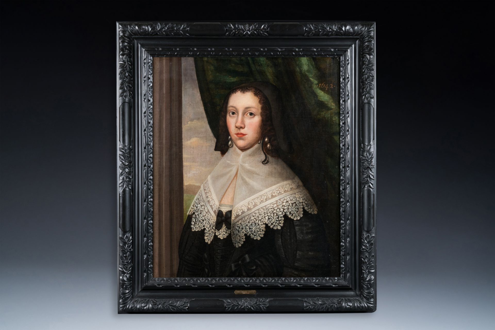 Dutch school: Portrait of a young woman with lace collar, oil on canvas, dated 1642