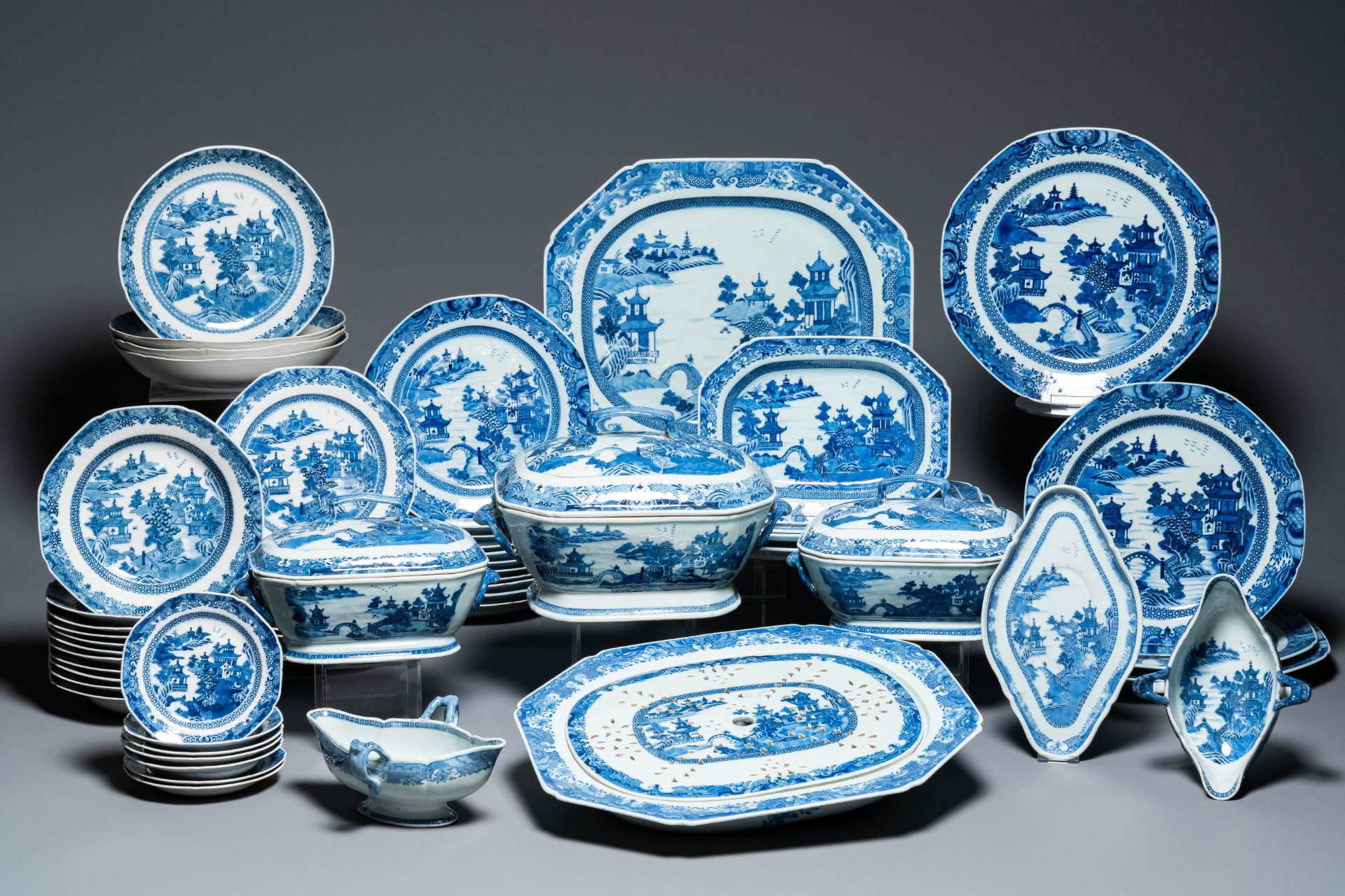 A Chinese blue and white 53-piece service, Qianlong