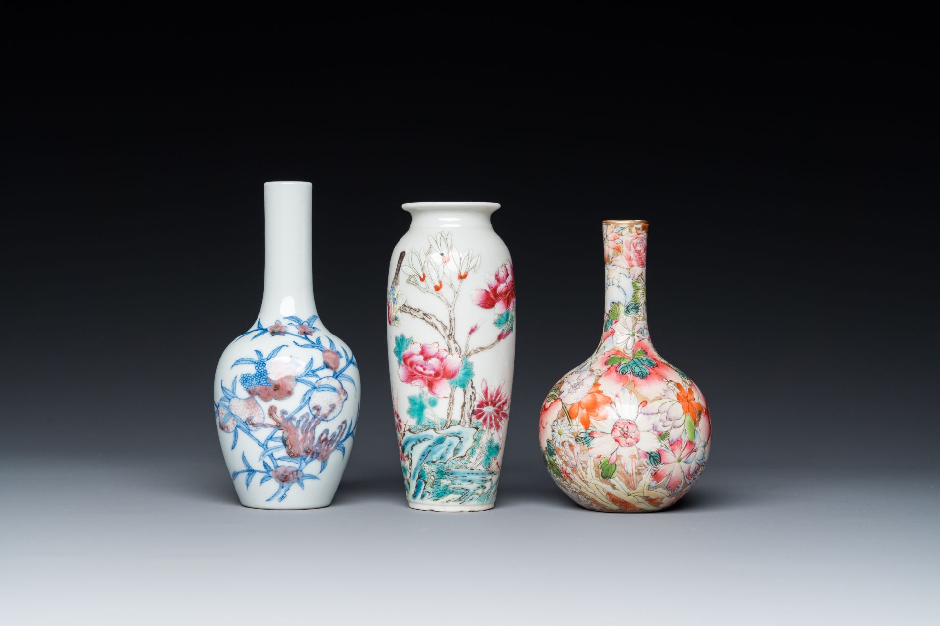 Three Chinese famille rose and blue, white and copper-red vases, 19/20th C. - Image 2 of 7