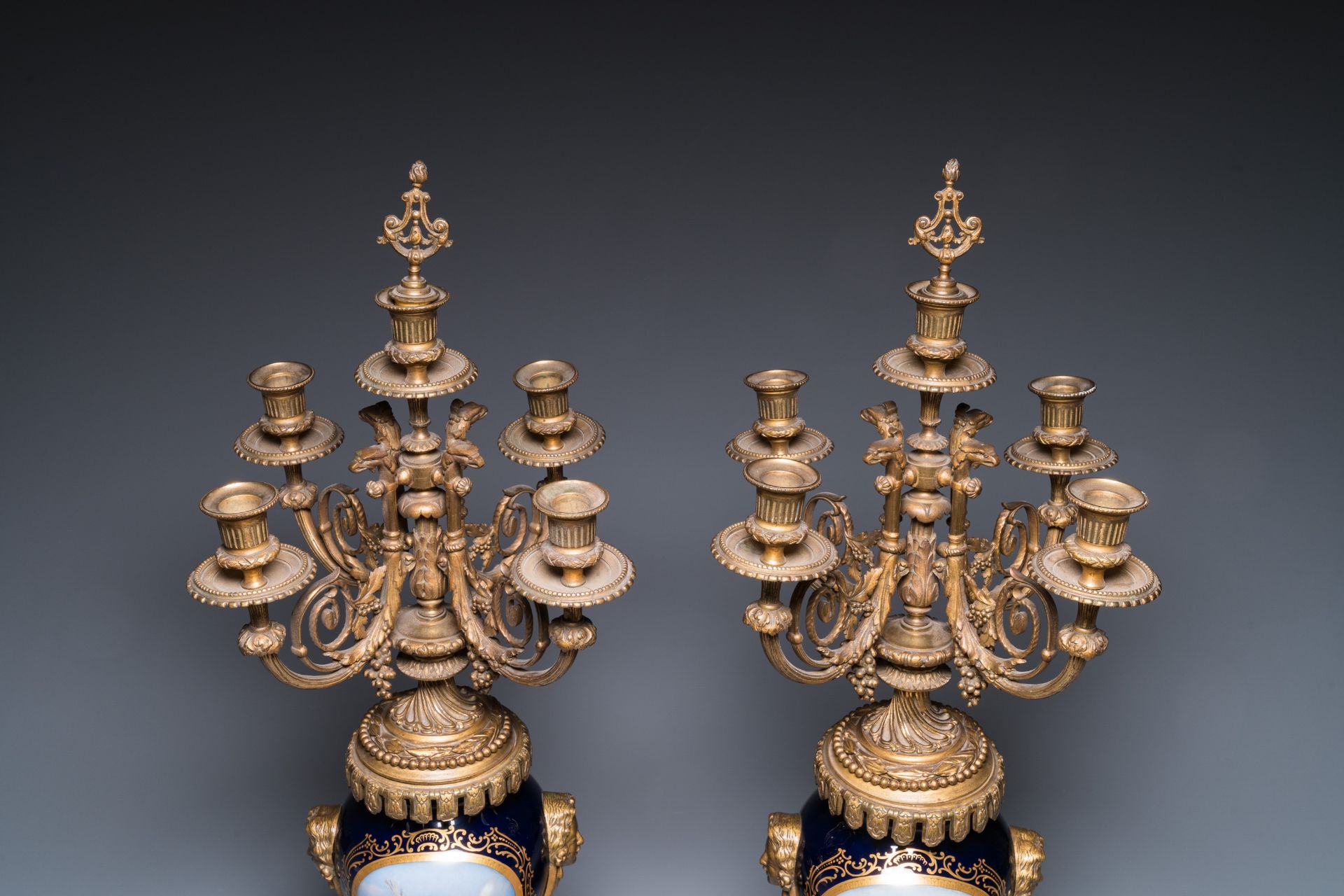 A large three-piece Sevres-style clock garniture with gilt bronze mounts, France, 19th C. - Image 11 of 11