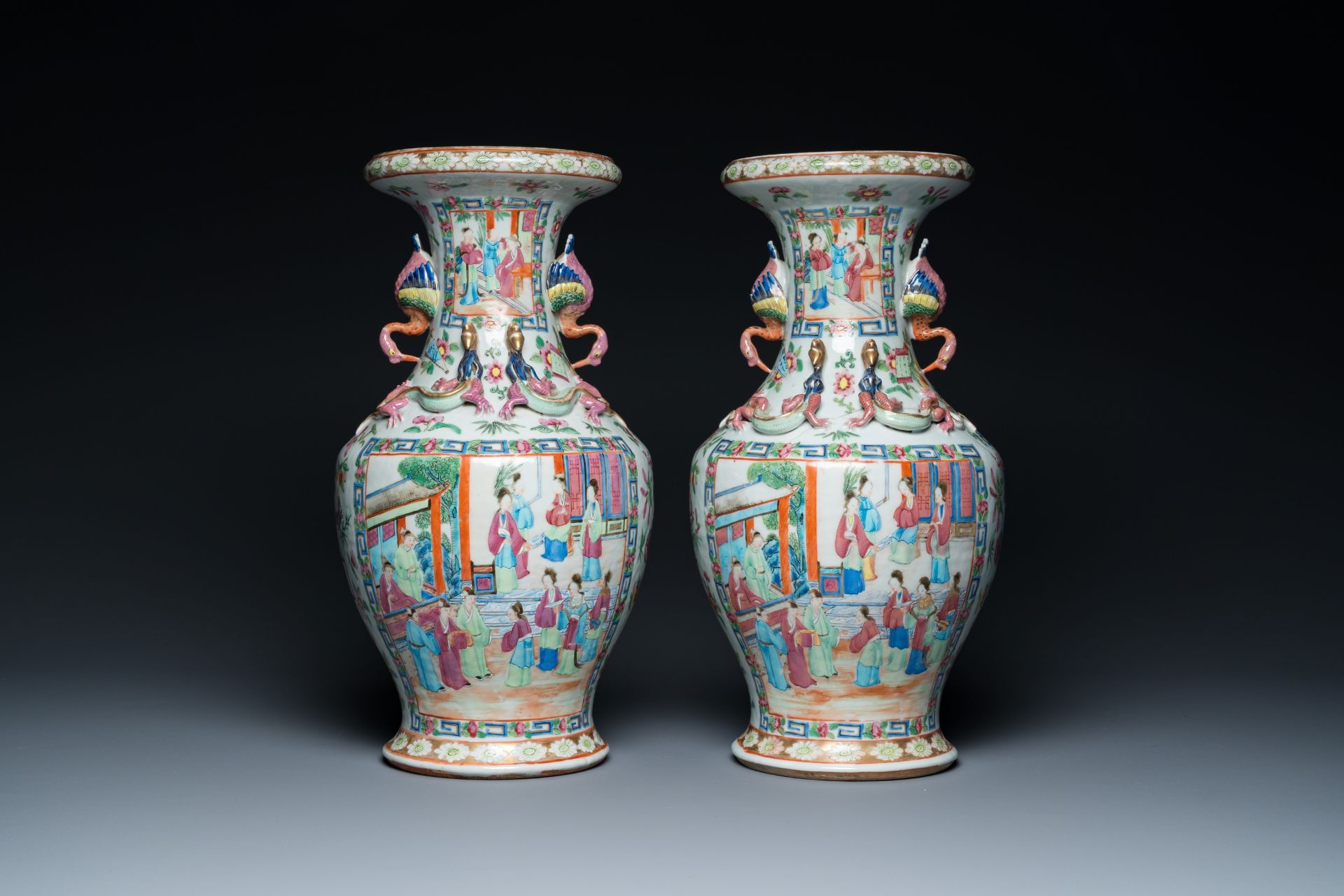 A pair of Chinese Canton famille rose vases with duck-shaped handles, 19th C. - Image 2 of 7