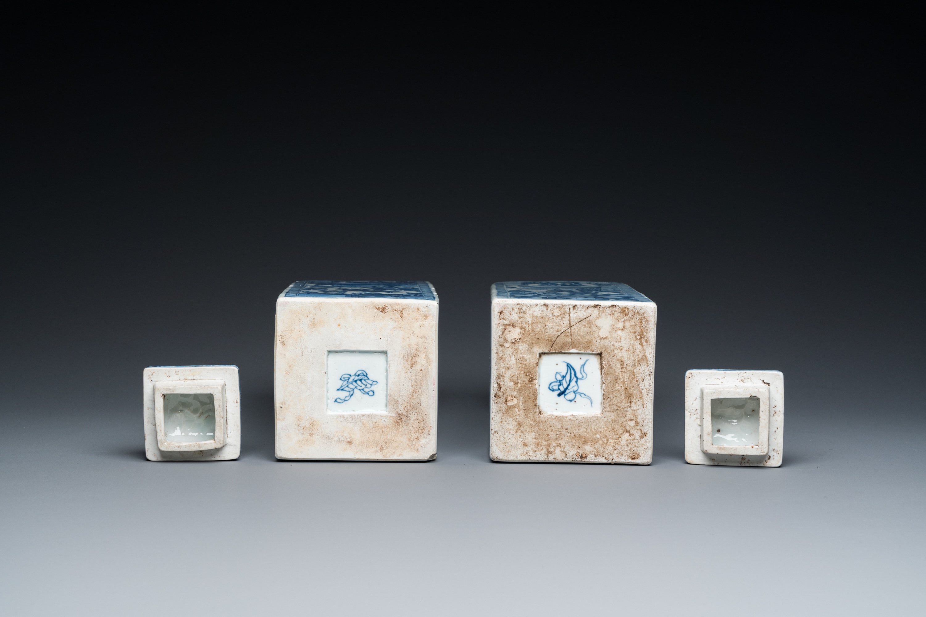 A pair of Chinese blue and white square 'narrative subject' vases and covers, Kangxi - Image 8 of 8