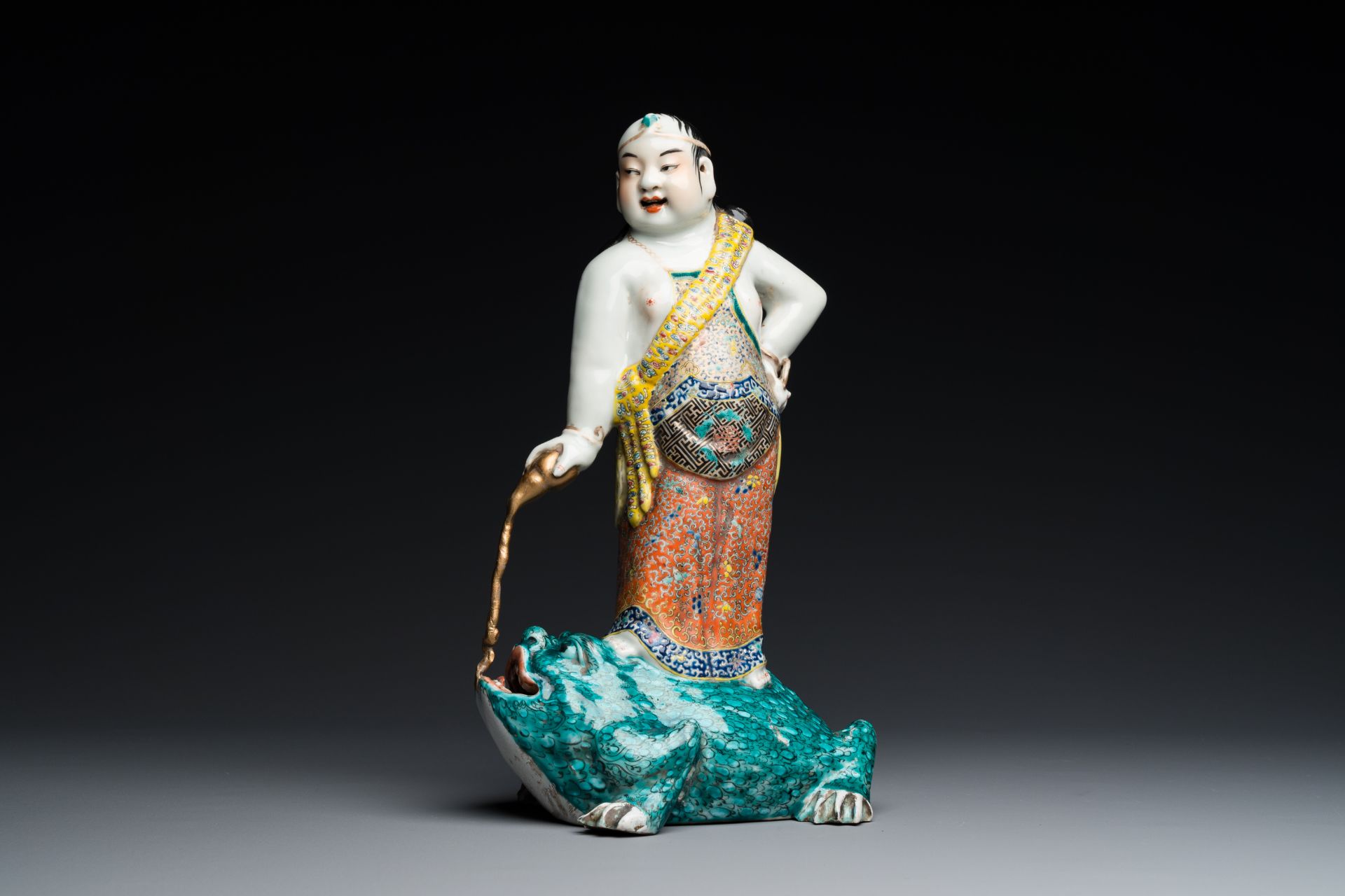 A Chinese famille rose 'Liu Hai on the toad' sculpture, signed Huang Yuanxiang é»ƒæºé …, 19th C.