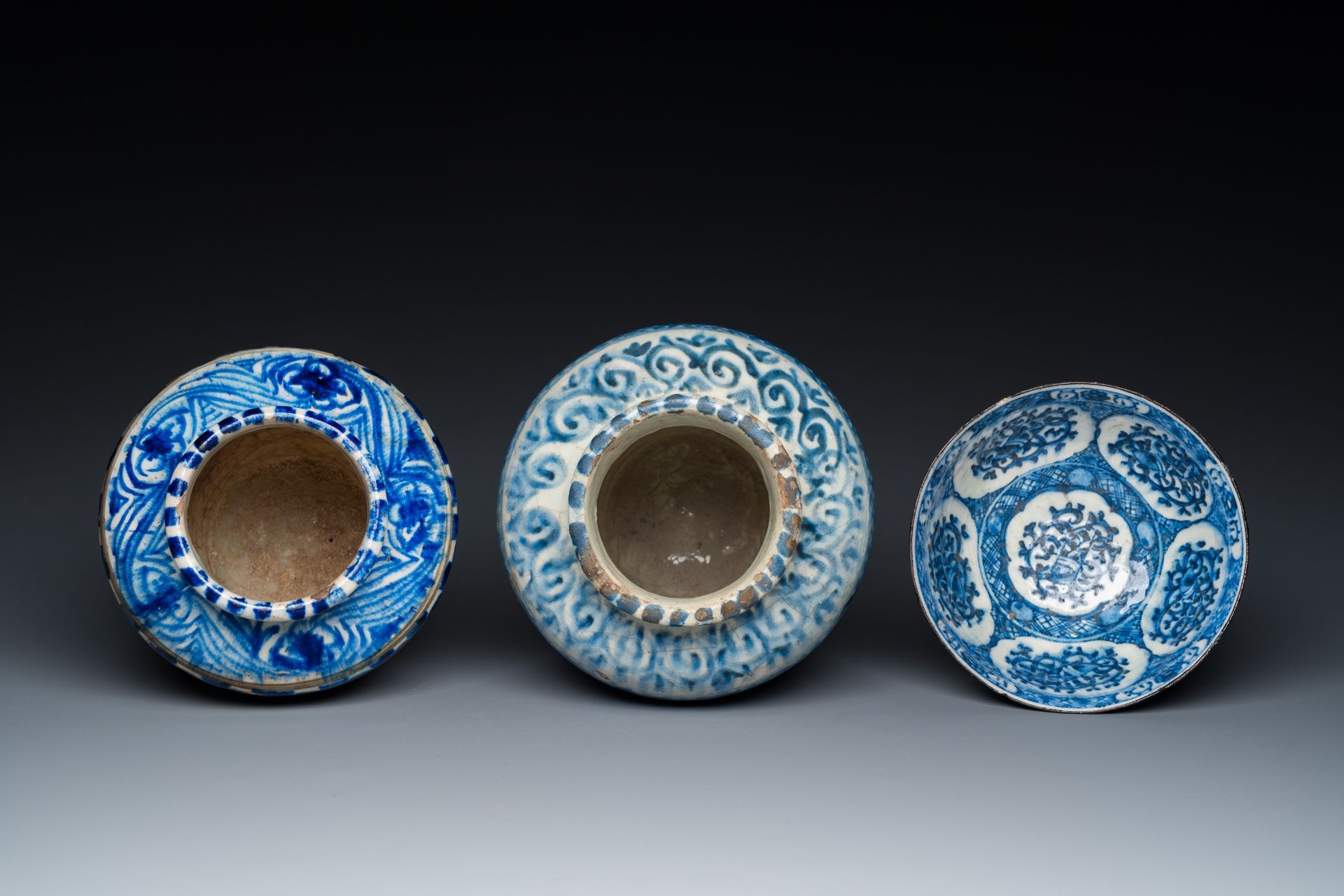 Two blue and white Islamic pottery storage jars and a bowl, Persia, 17/19th C. - Image 6 of 7