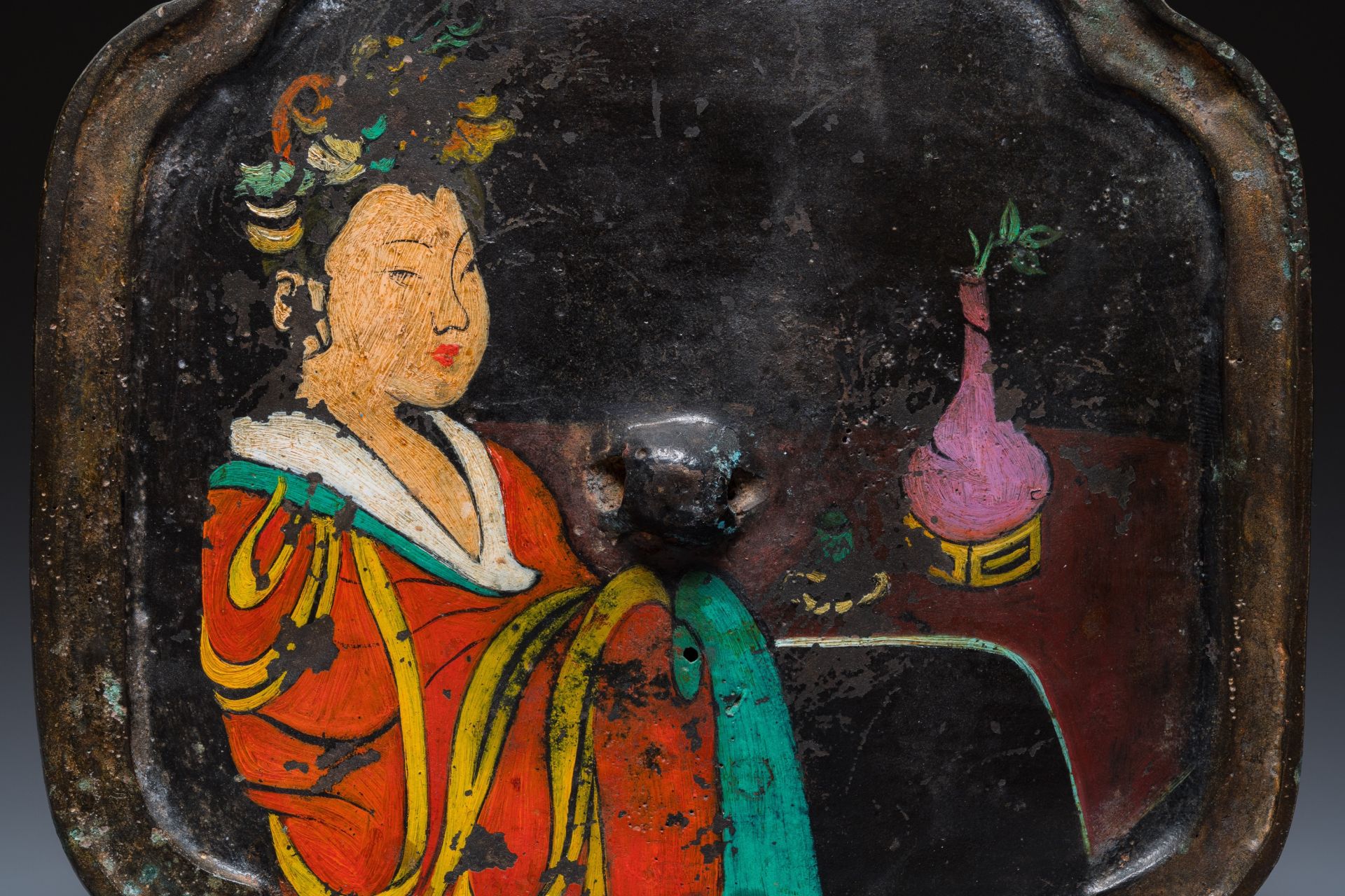 A Chinese bronze mirror with painted portrait of a lady, Tang - Image 3 of 3