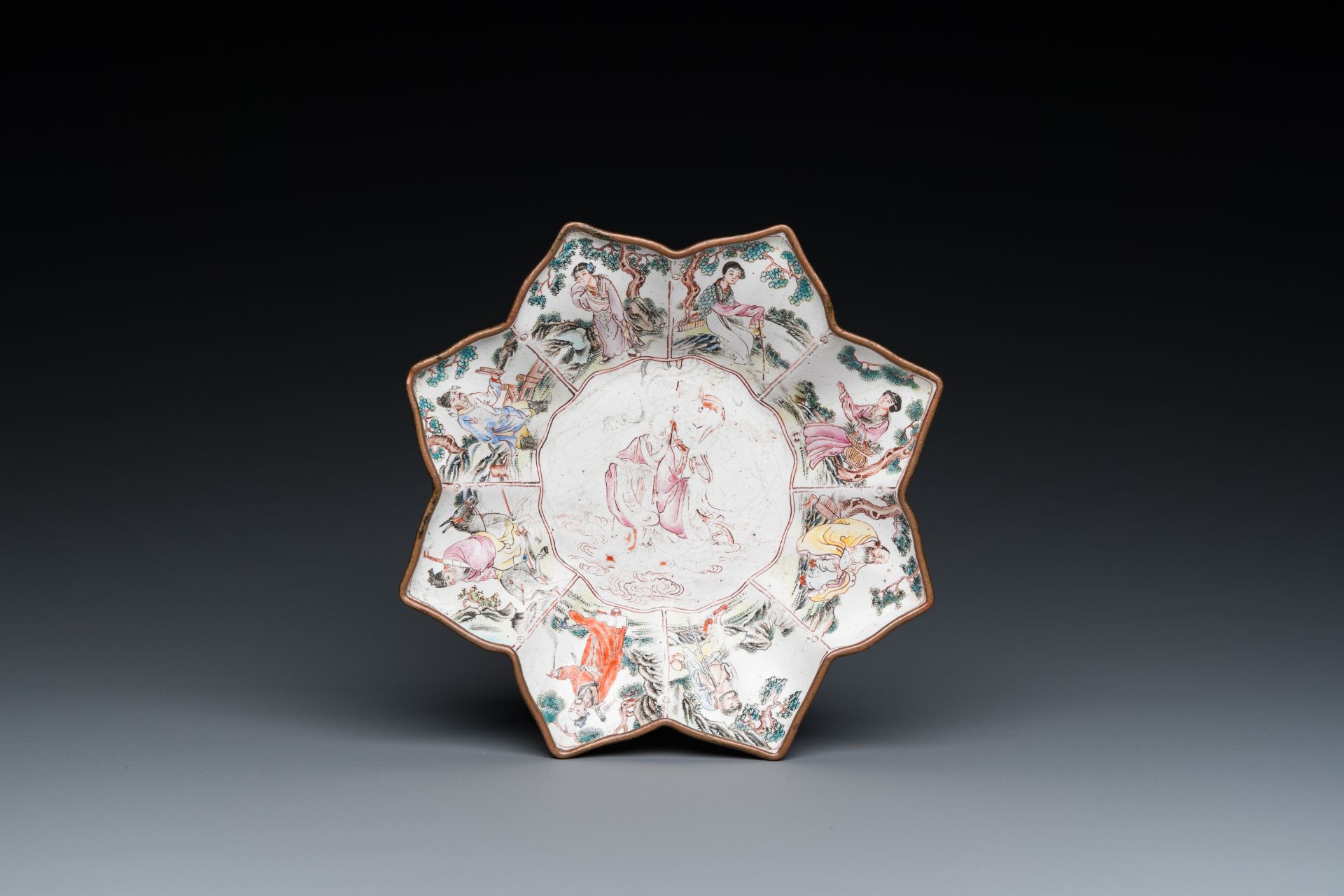 A rare Chinese Canton enamel 'eight immortals' star-shaped dish, Qianlong