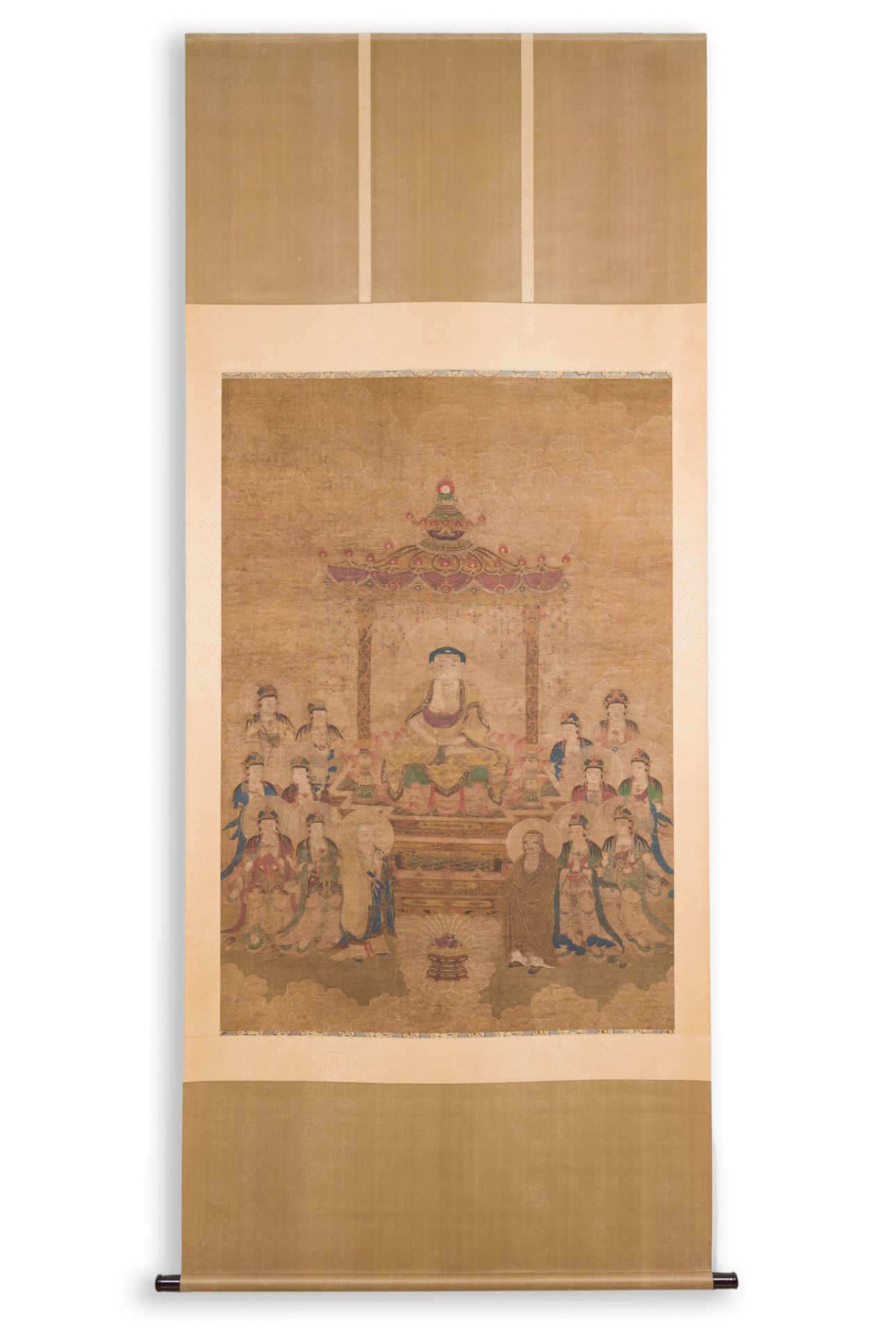 Chinese school: 'Buddha seated on a lotus throne', ink and colour on silk, 18/19th C. - Image 2 of 6