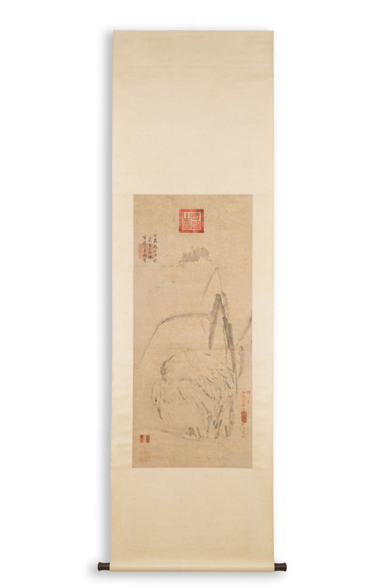 Chinese school, anonymous, in the collection of Shi Min 史敏 (1415-?): 'Heron and acorus', watercolour - Image 3 of 6