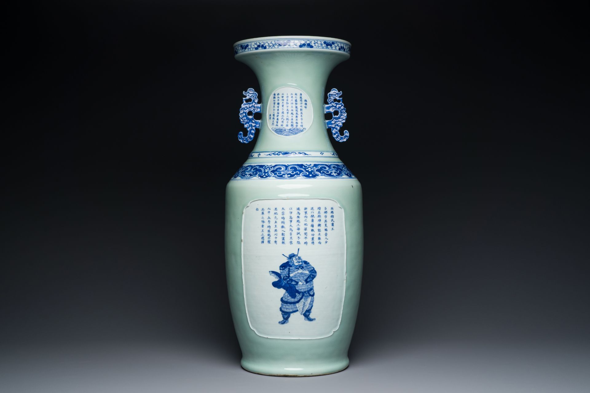 A rare Chinese blue and white celadon-ground 'Wu Shuang Pu' vase, 19th C. - Image 3 of 6