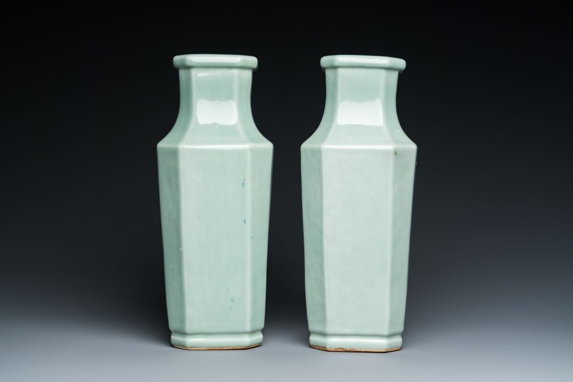 A pair of Chinese monochrome celadon-glazed vases, Xuantong mark and of the period - Image 4 of 6