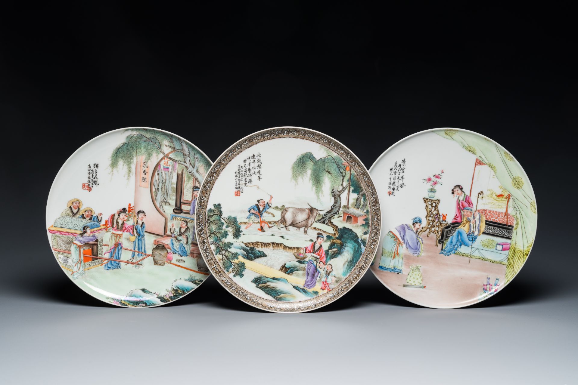 Three Chinese famille rose dishes, signed Zeng Fuqing 曾福慶 and Le Tao Zhai 樂陶齋 seal marks, 1946 & '47