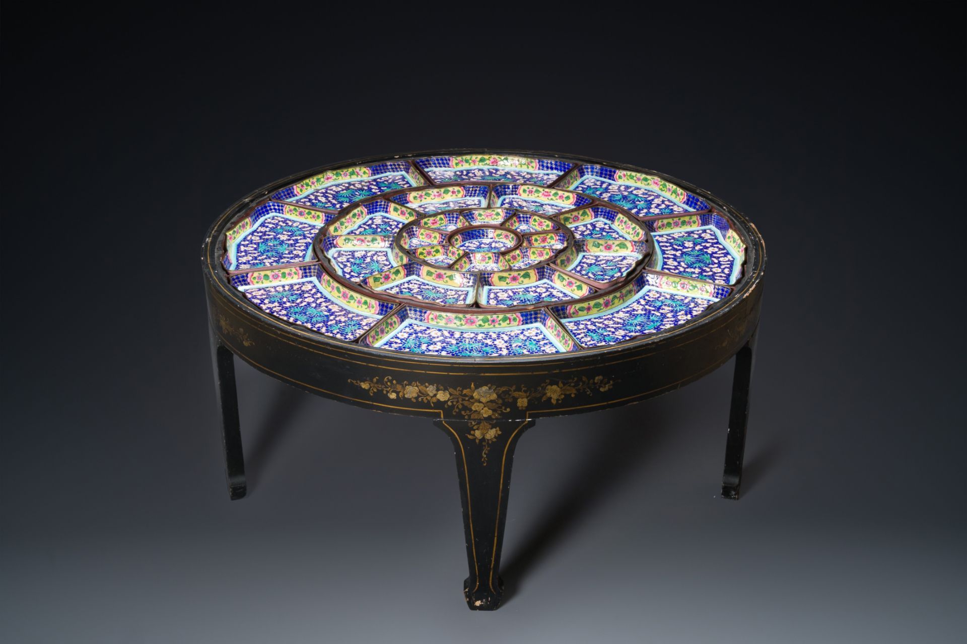 An exceptionally large Chinese Canton enamel rice table or sweetmeat set in its original Canton gilt