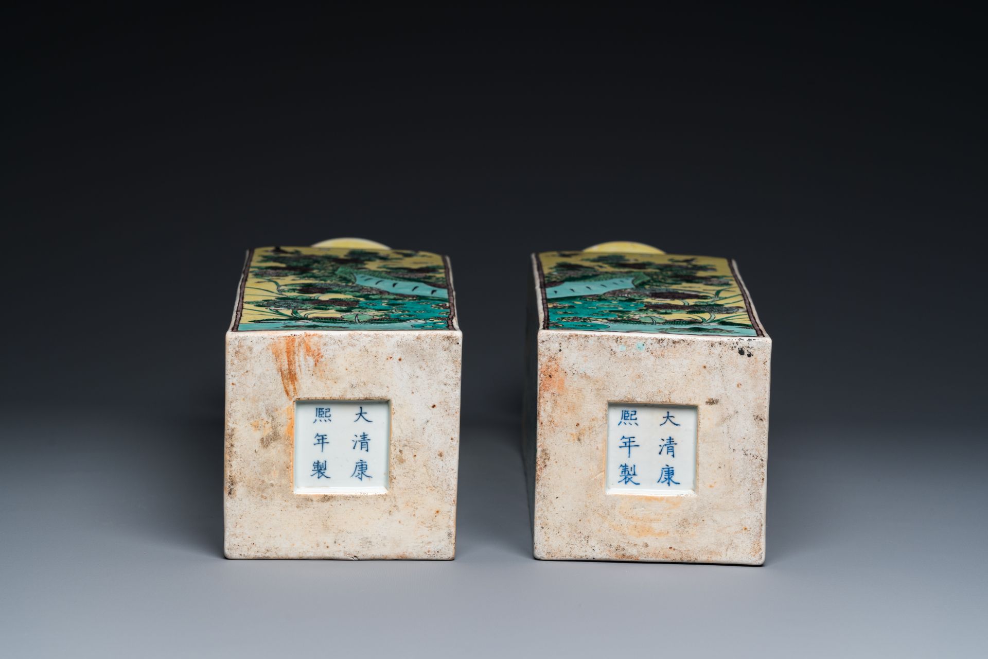 A pair of Chinese square yellow-ground famille verte vases, Kangxi mark, 19th C. - Image 7 of 7
