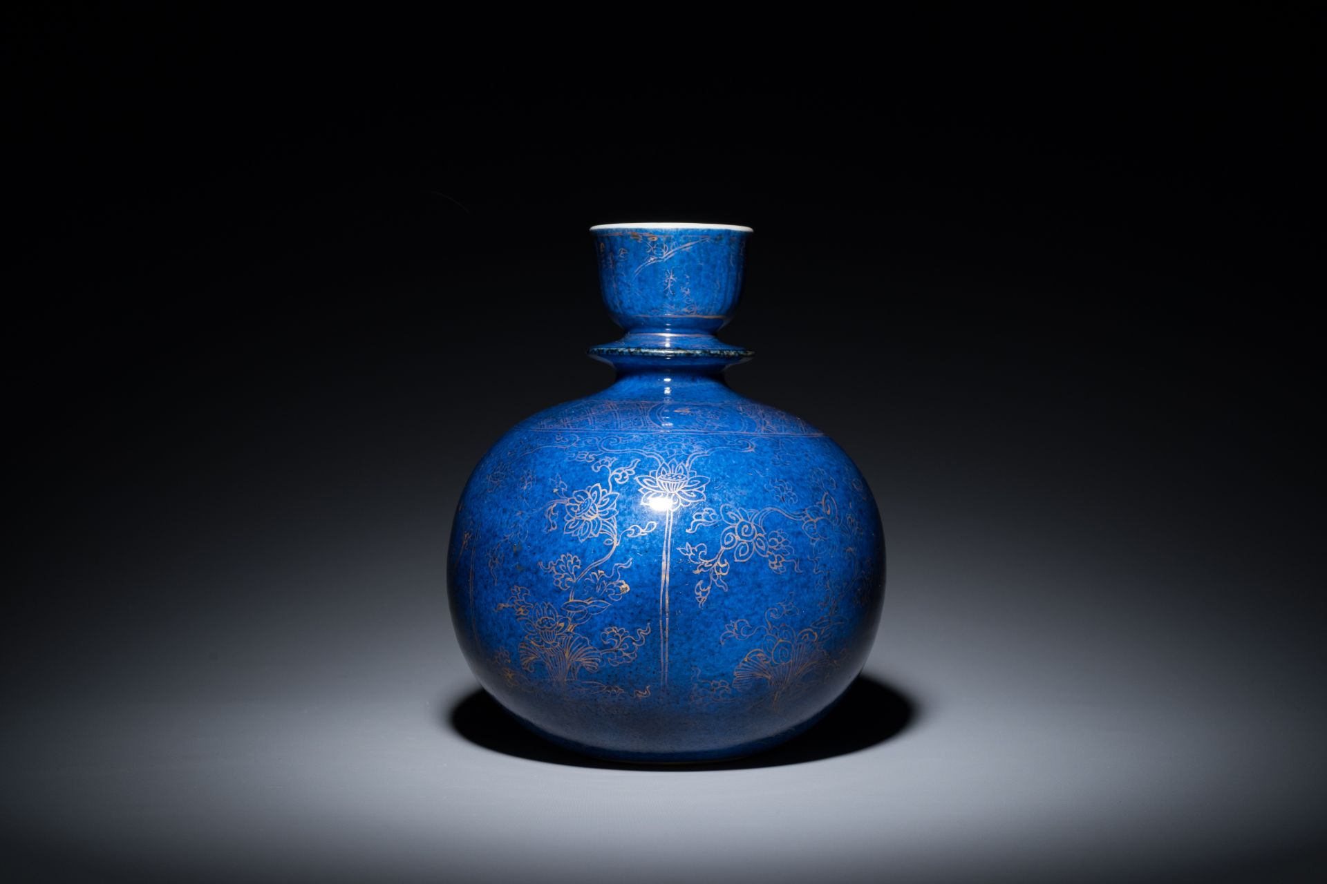 A Chinese monochrome powder-blue-glazed hookah base with gilt design of lotus scrolls, Kangxi - Image 2 of 6