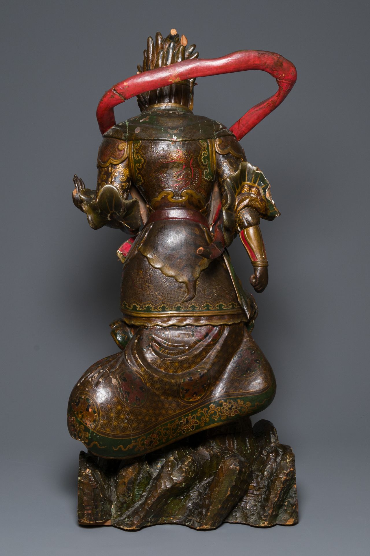 A large Japanese polychromed and gilt-lacquered wood figure of a divine general, Edo, dated 1623 - Image 4 of 23