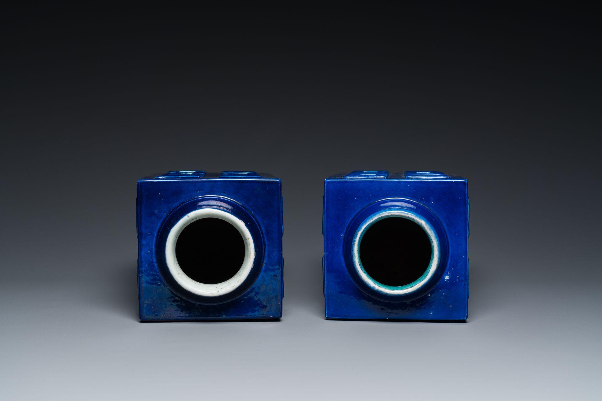 A pair of Chinese monochrome blue-glazed 'cong' vases with trigrams, Guangxu mark and of the period - Image 6 of 7