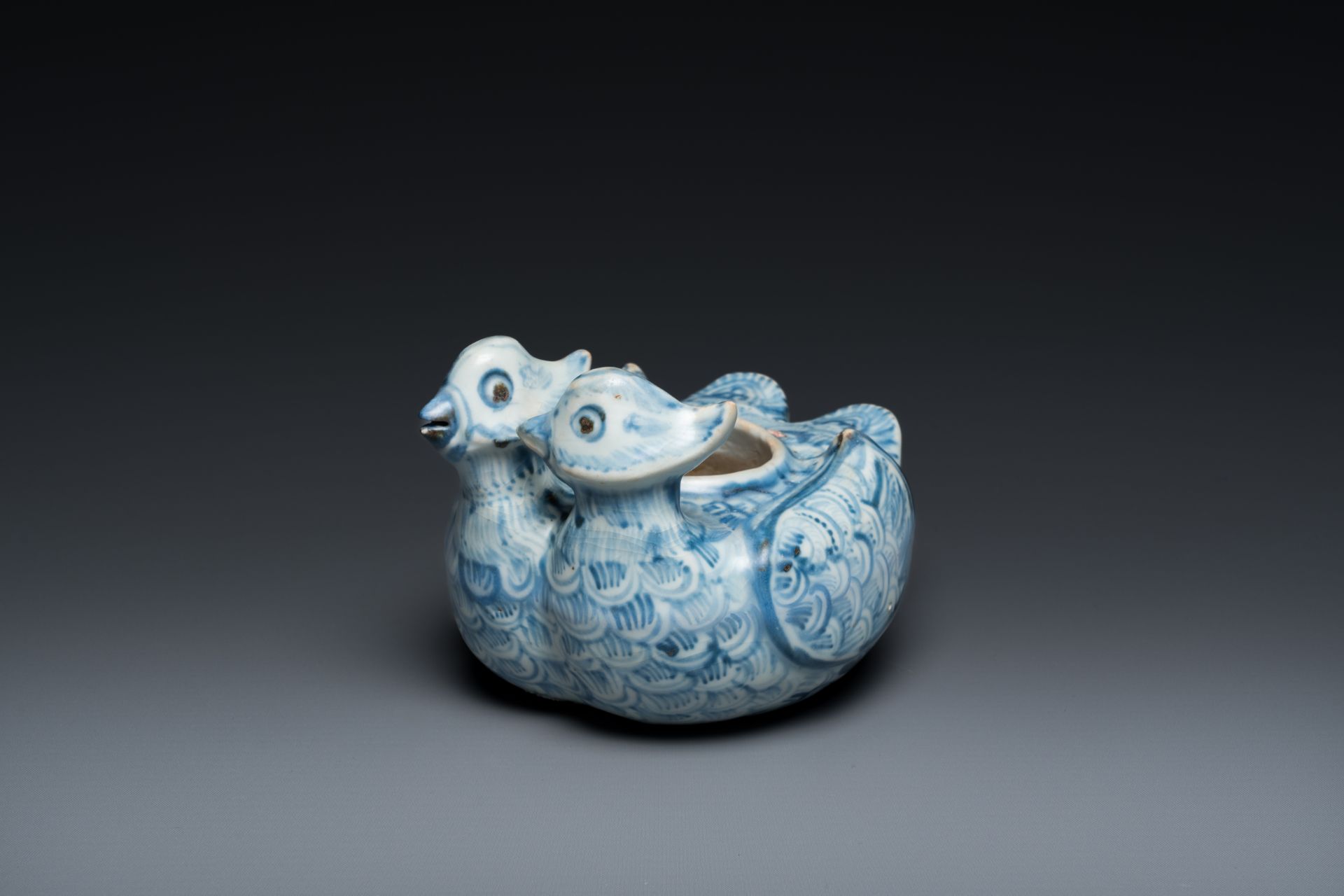 A Chinese blue and white twin duck-form water dropper, Ming