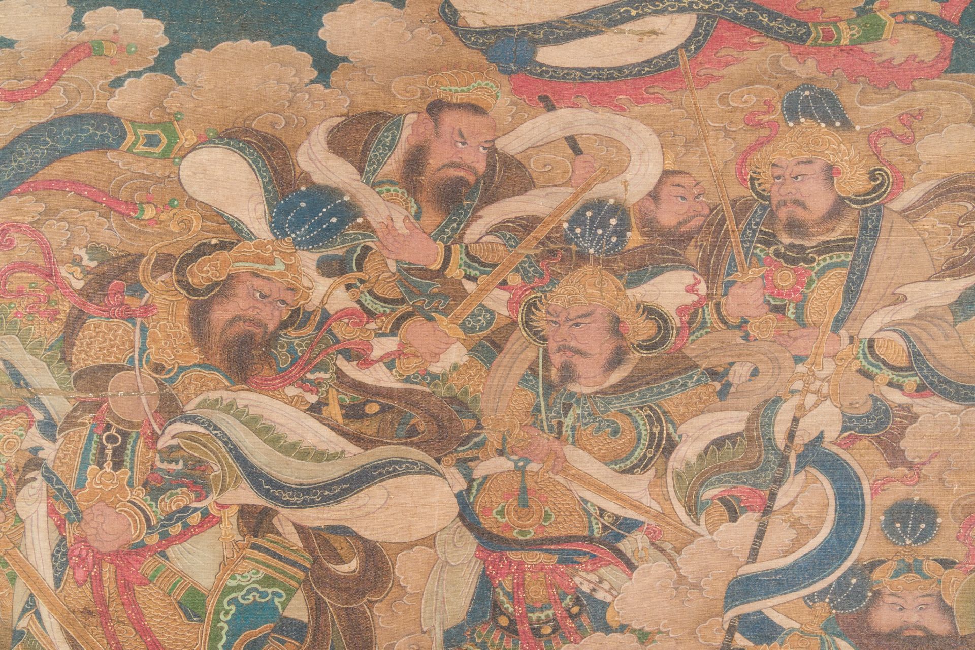 Chinese school: 'A sky full of Buddhist divinities', ink and colour on silk, 18th C. - Image 6 of 10