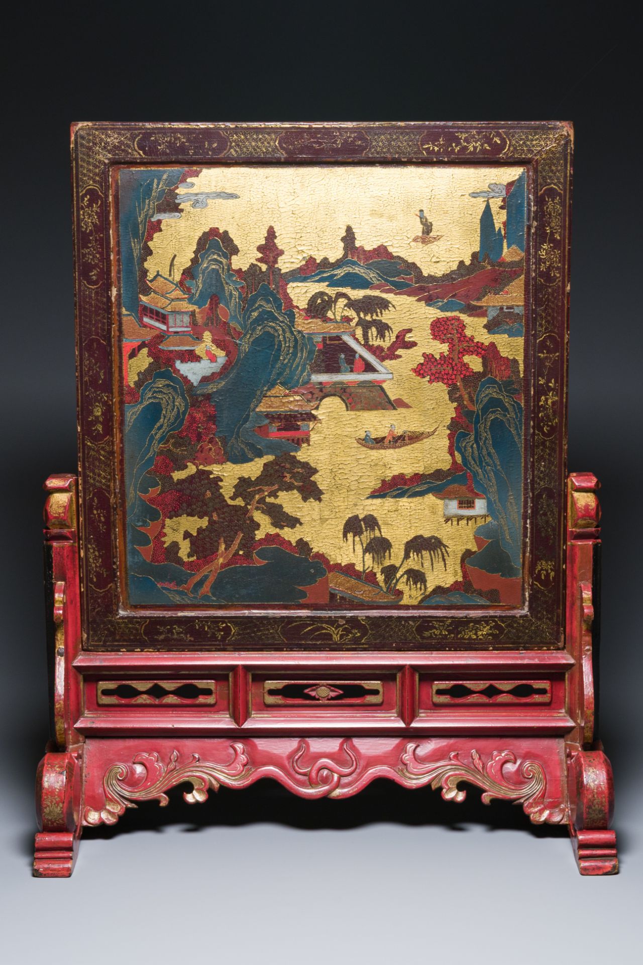 A Chinese gilt-lacquered and painted wood table screen, Shanxi, 16/17th C. - Image 2 of 14
