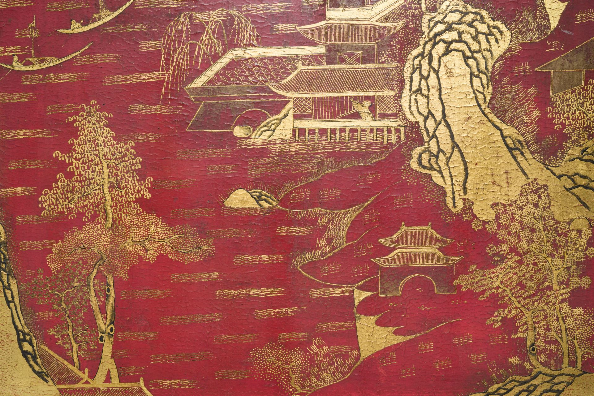 A Chinese gilt-lacquered and painted wood table screen, Shanxi, 16/17th C. - Image 13 of 14