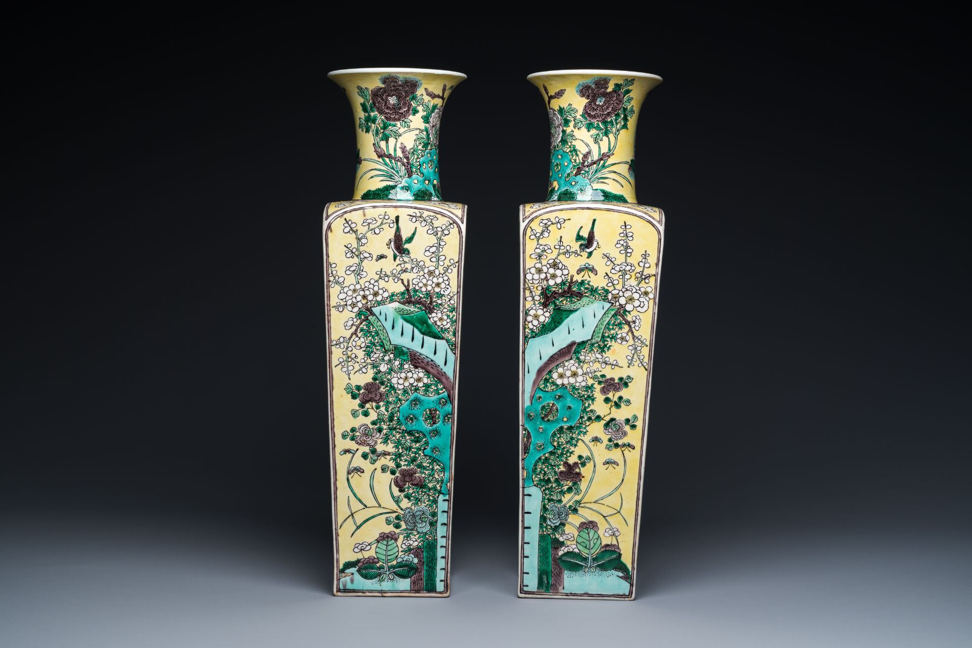 A pair of Chinese square yellow-ground famille verte vases, Kangxi mark, 19th C. - Image 5 of 7