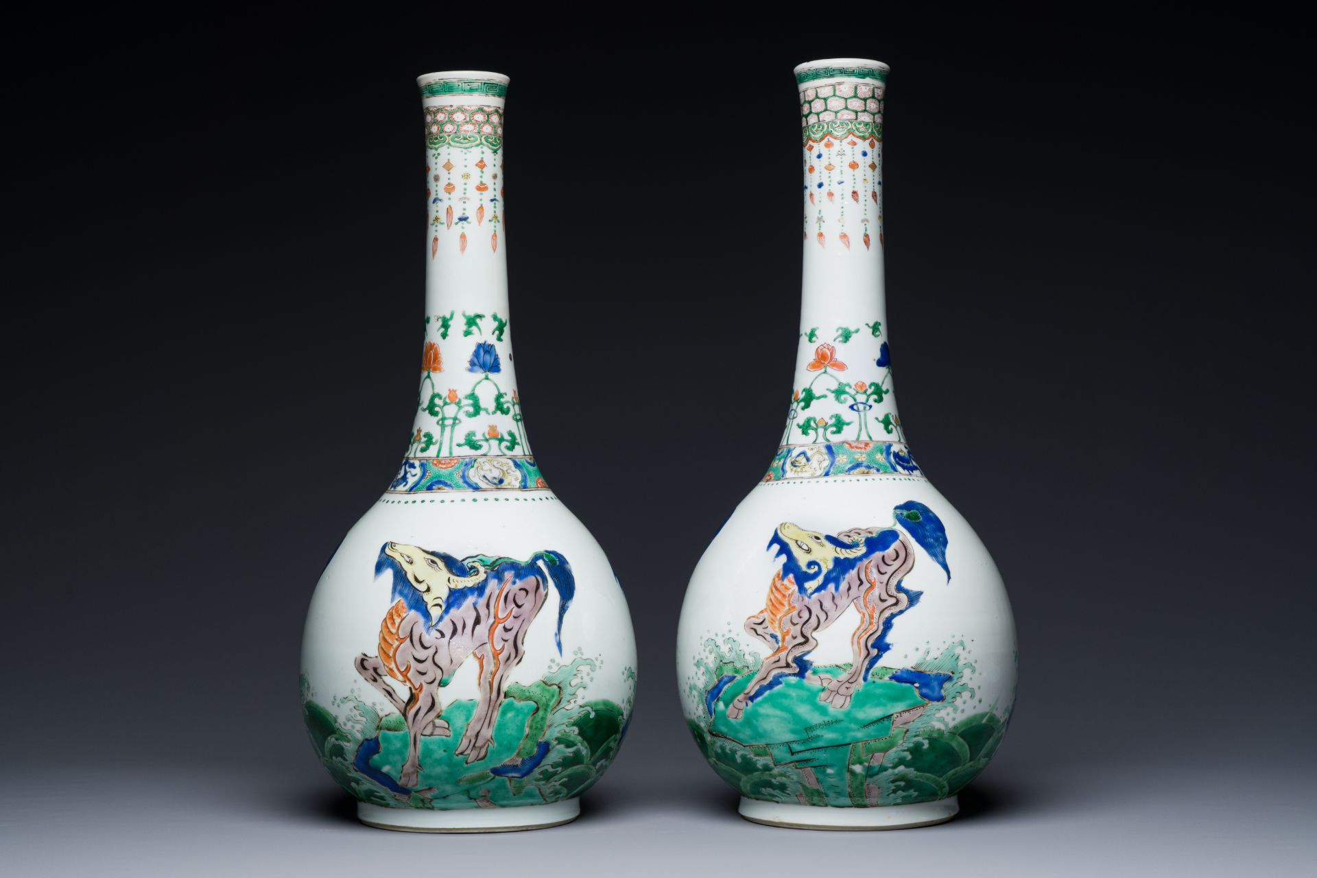 A pair of large Chinese famille verte 'mythic animals' vases, Kangxi - Image 5 of 8