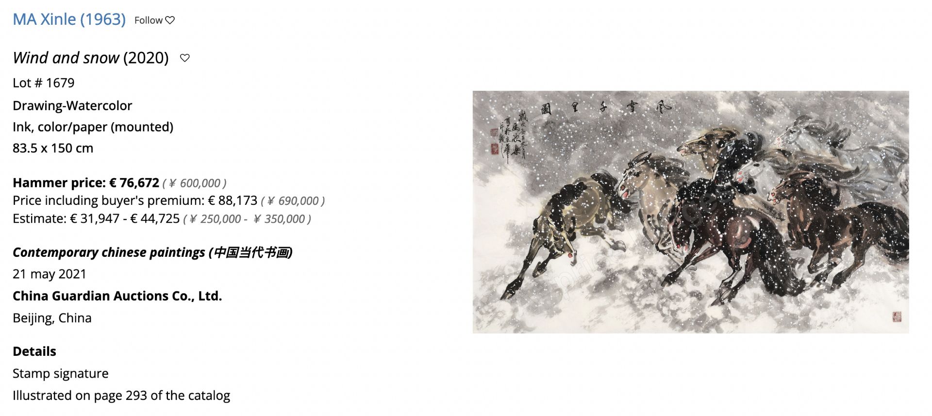 Ma Xinle 馬欣樂‚ (1963-): 'Twelve horses in the snow', ink and colour on paper, dated 1993 - Image 7 of 7