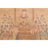 Chinese school: 'Buddha seated on a lotus throne', ink and colour on silk, 18/19th C.